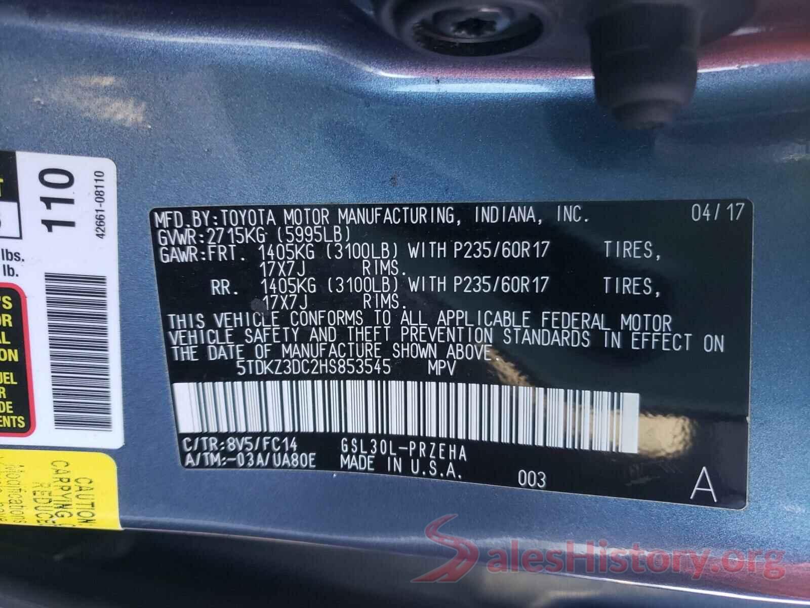 5TDKZ3DC2HS853545 2017 TOYOTA SIENNA