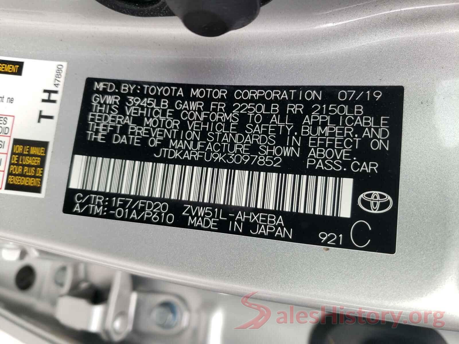 JTDKARFU9K3097852 2019 TOYOTA PRIUS