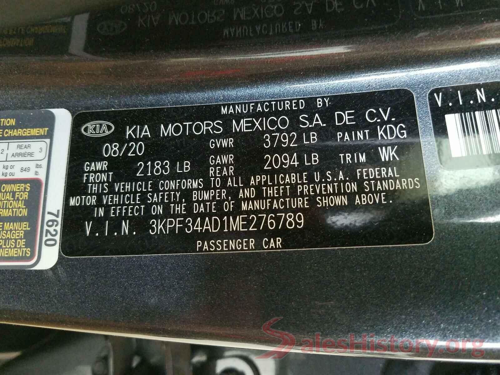 3KPF34AD1ME276789 2021 KIA FORTE