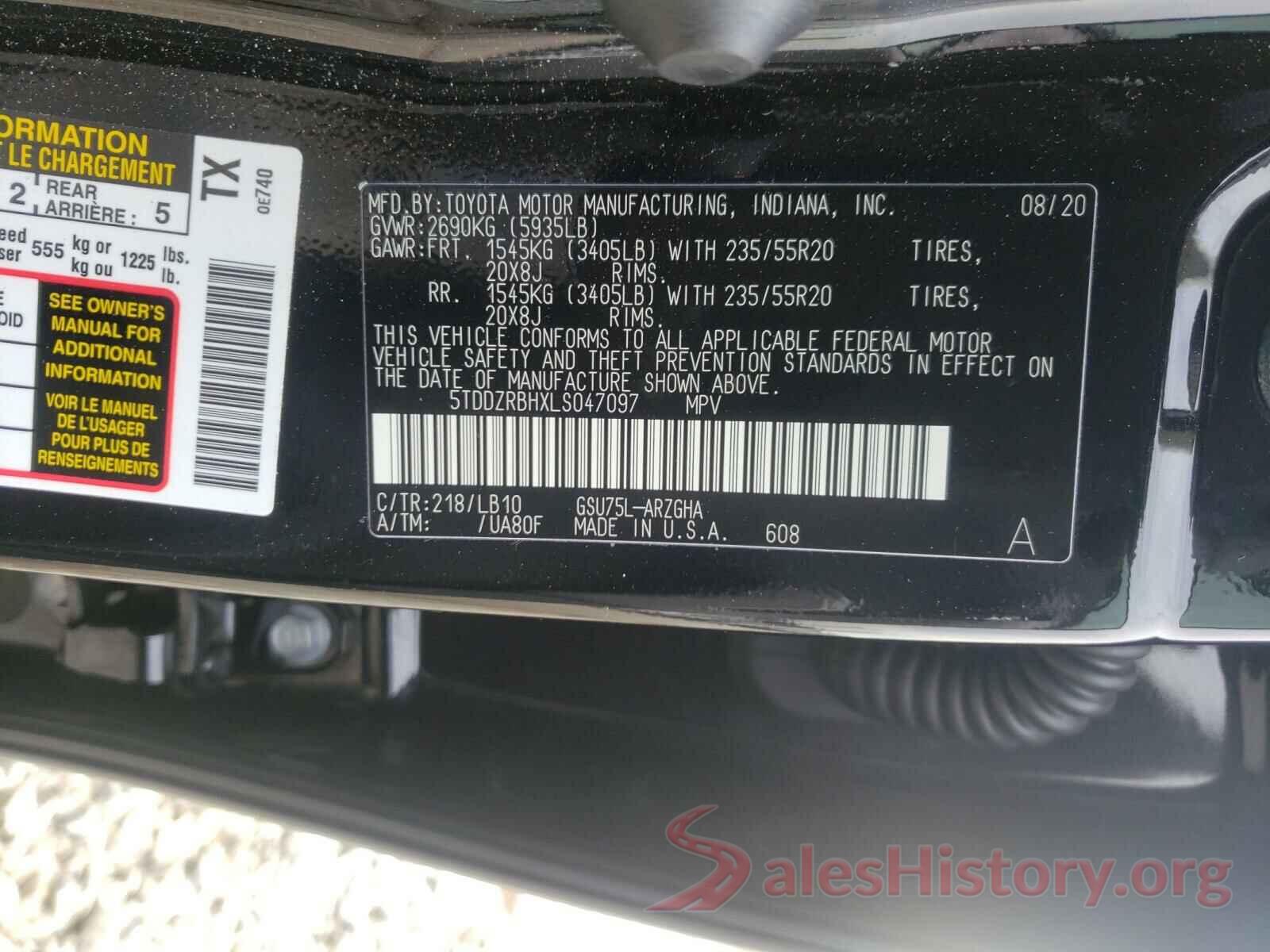 5TDDZRBHXLS047097 2020 TOYOTA HIGHLANDER