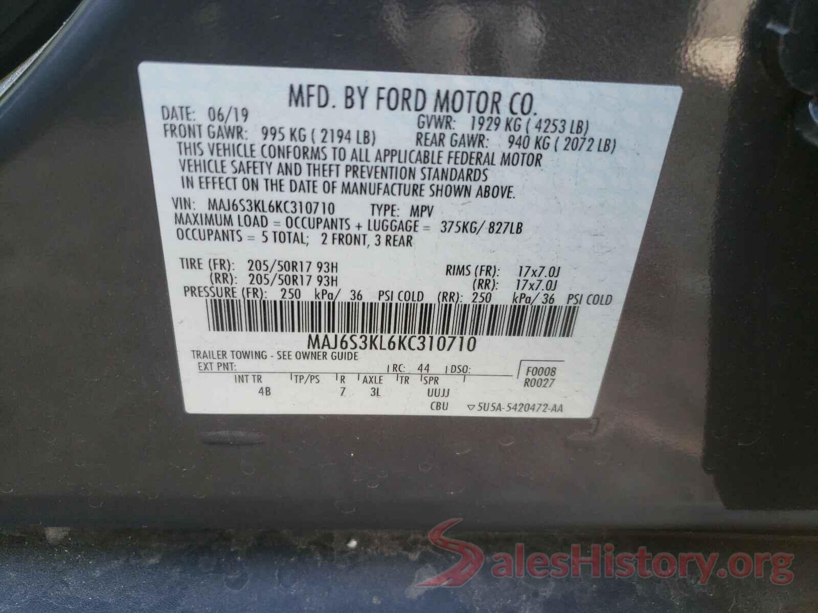 MAJ6S3KL6KC310710 2019 FORD ALL OTHER