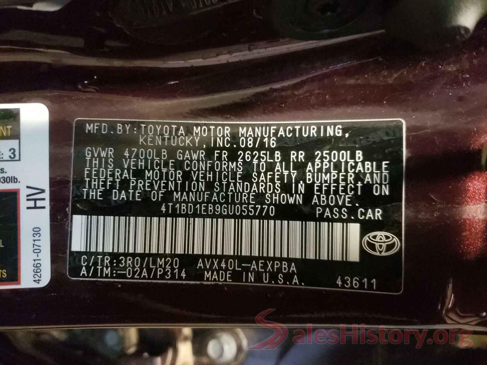 4T1BD1EB9GU055770 2016 TOYOTA AVALON