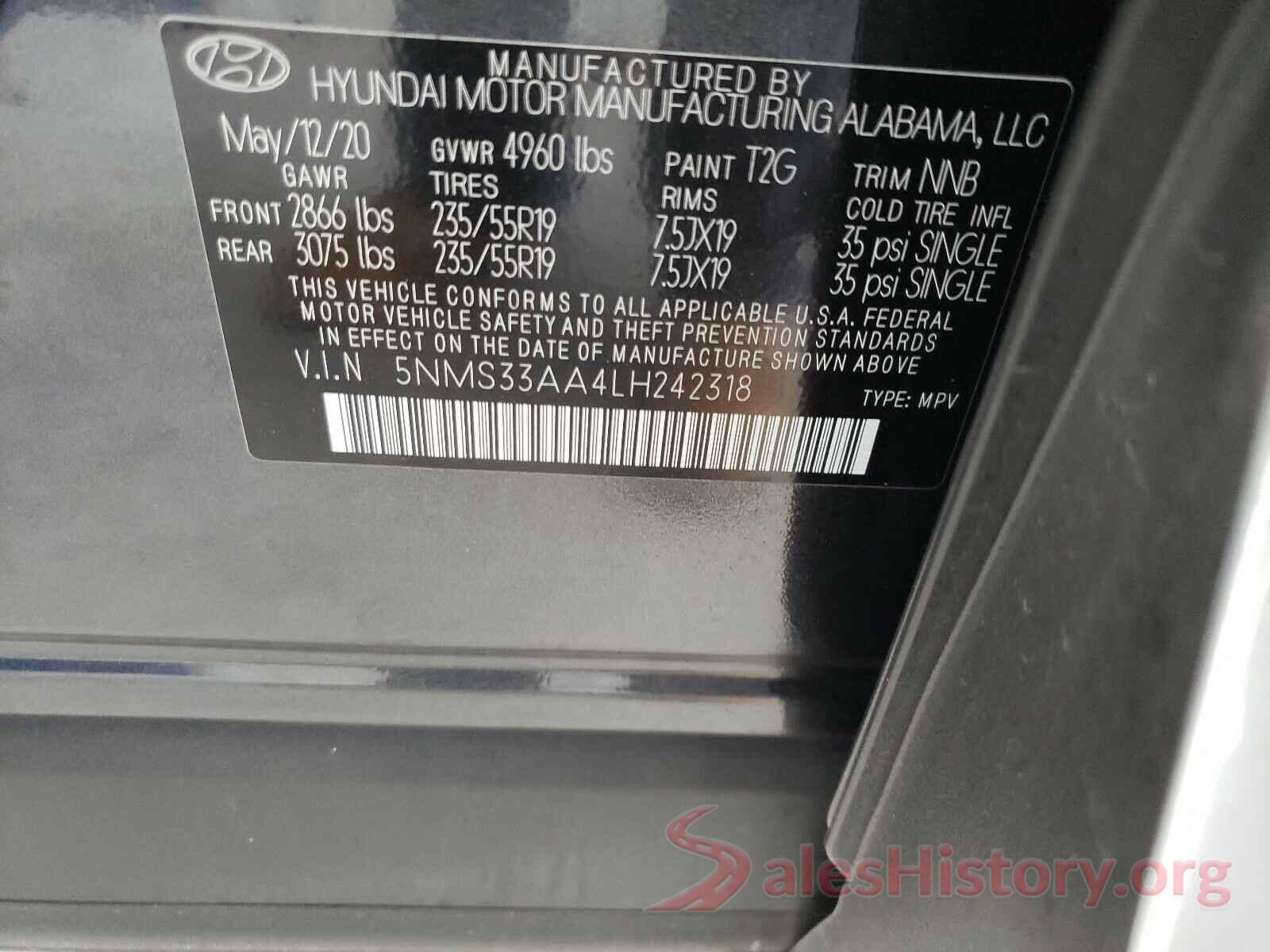 5NMS33AA4LH242318 2020 HYUNDAI SANTA FE