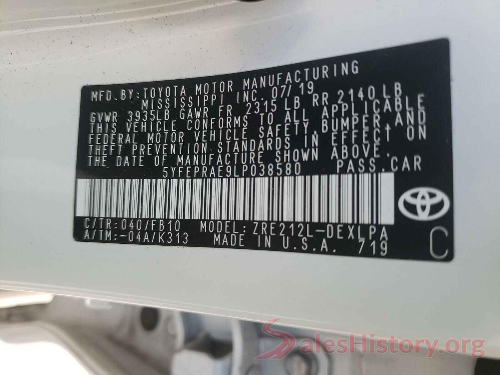 5YFEPRAE9LP038580 2020 TOYOTA COROLLA