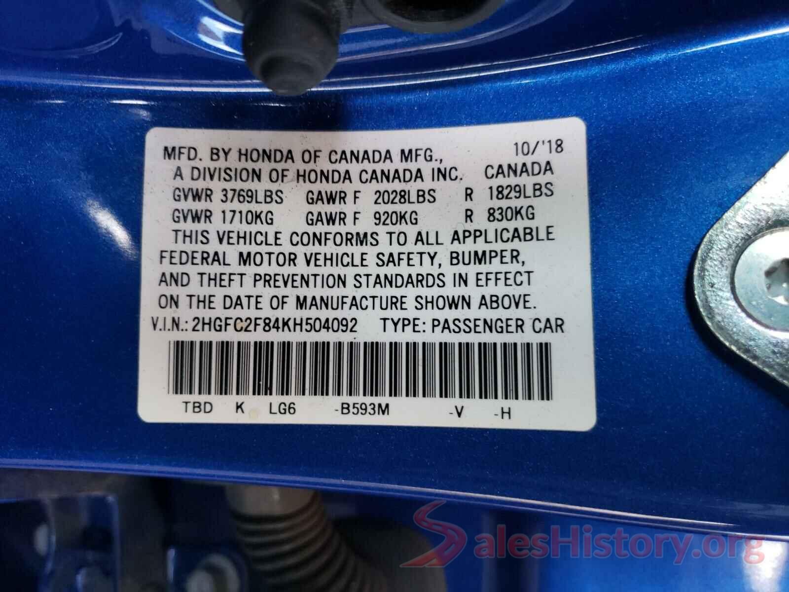 2HGFC2F84KH504092 2019 HONDA CIVIC