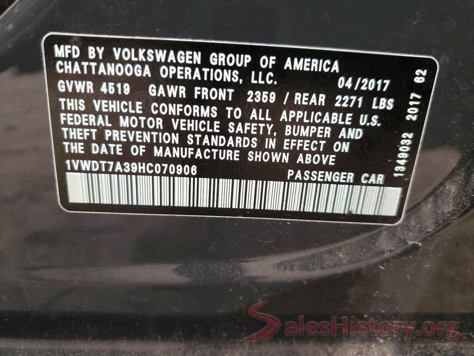 1VWDT7A39HC070906 2017 VOLKSWAGEN PASSAT