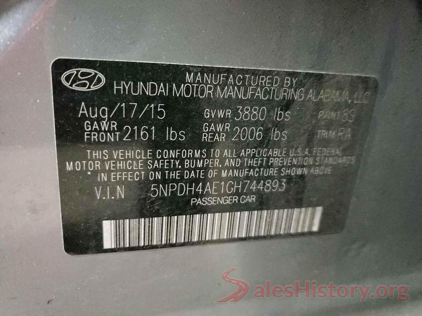 5NPDH4AE1GH744893 2016 HYUNDAI ELANTRA