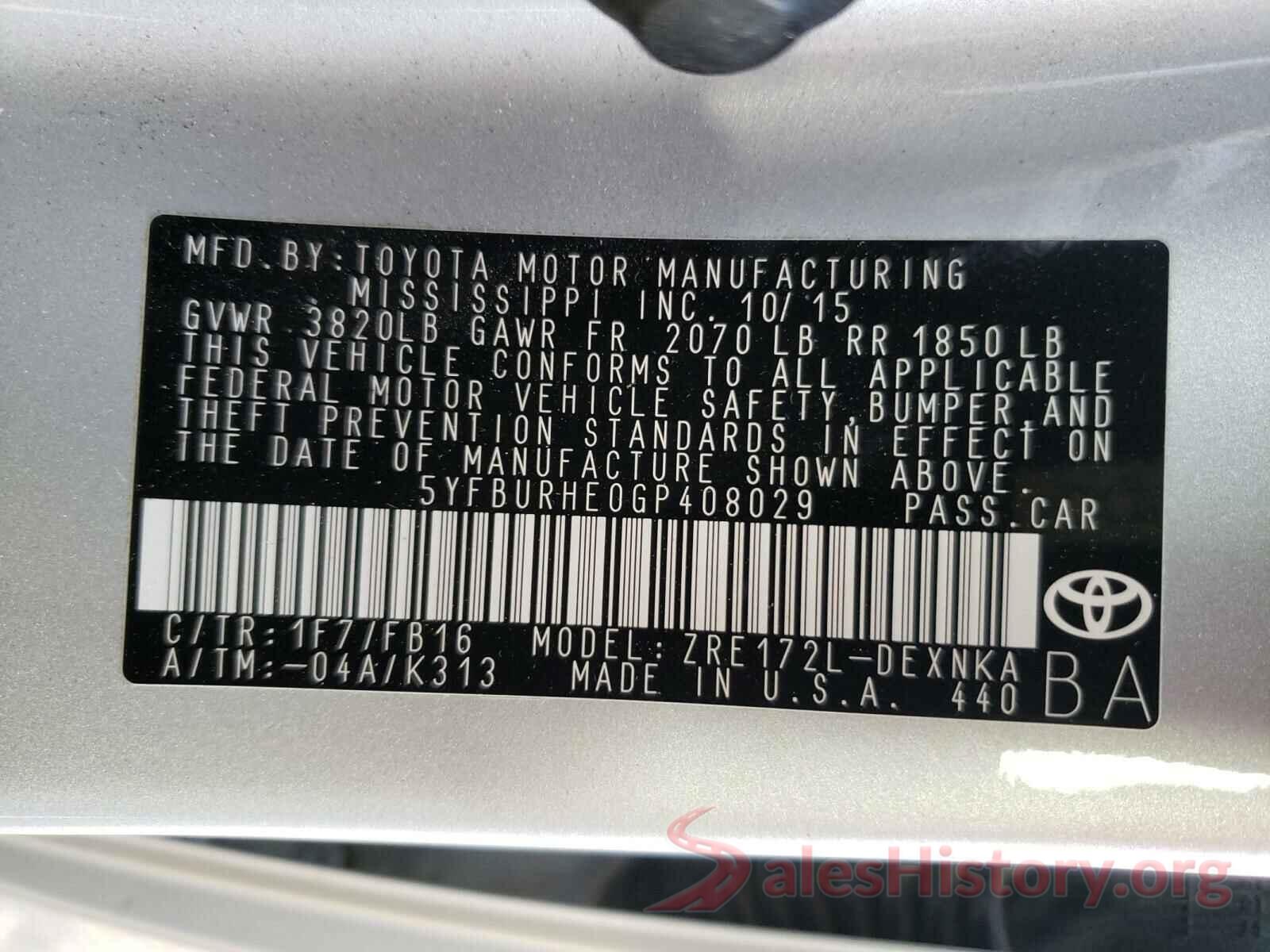 5YFBURHE0GP408029 2016 TOYOTA COROLLA