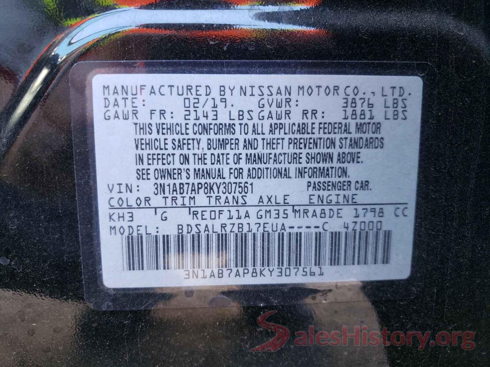 3N1AB7AP8KY307561 2019 NISSAN SENTRA