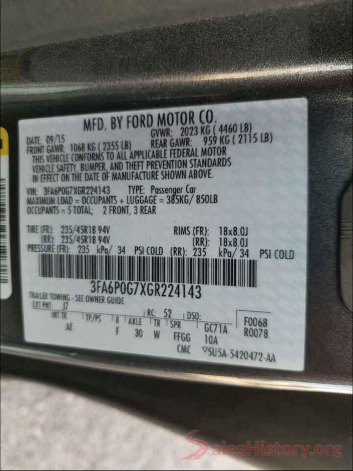 3FA6P0G7XGR224143 2016 FORD FUSION