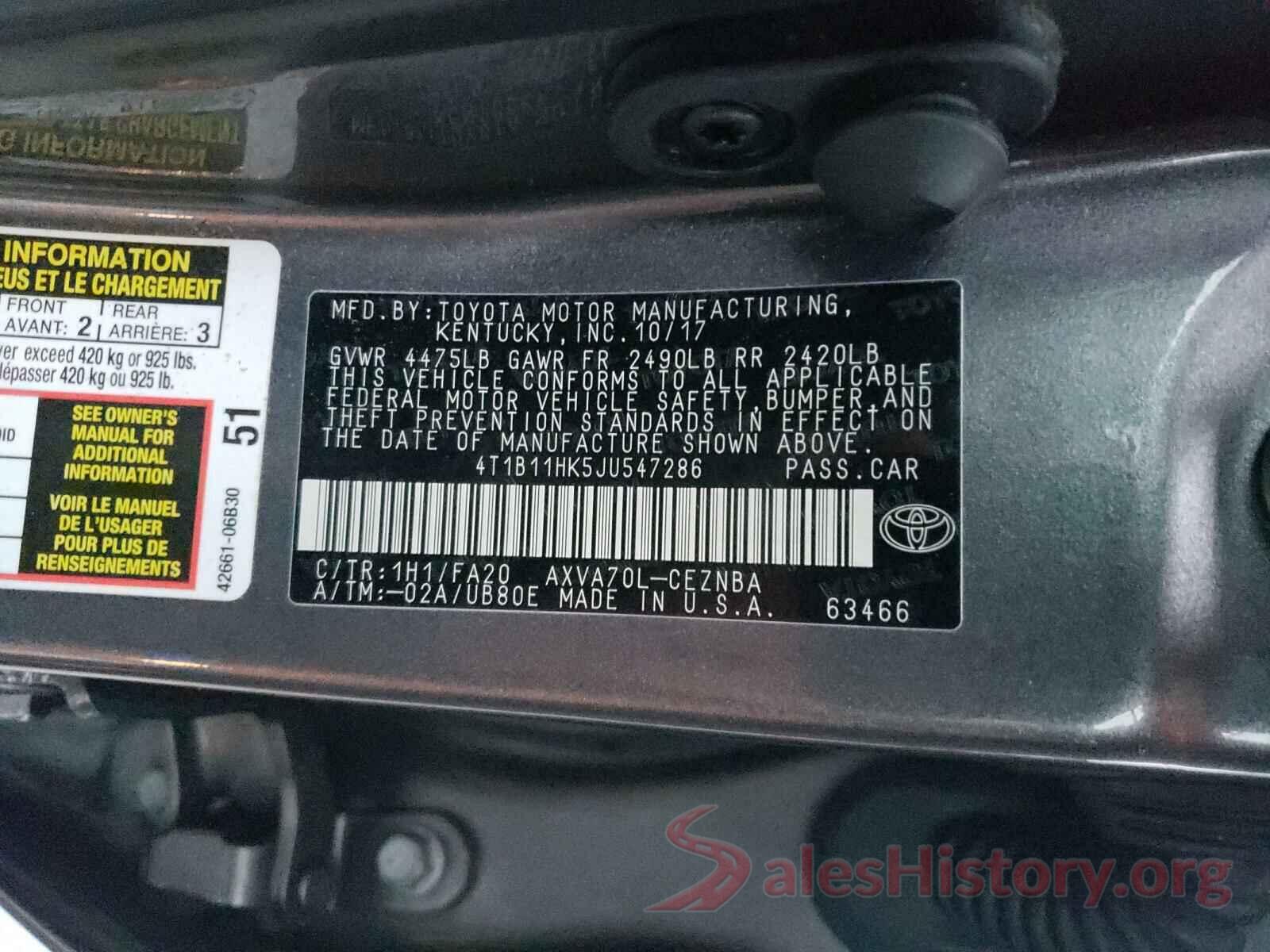 4T1B11HK5JU547286 2018 TOYOTA CAMRY