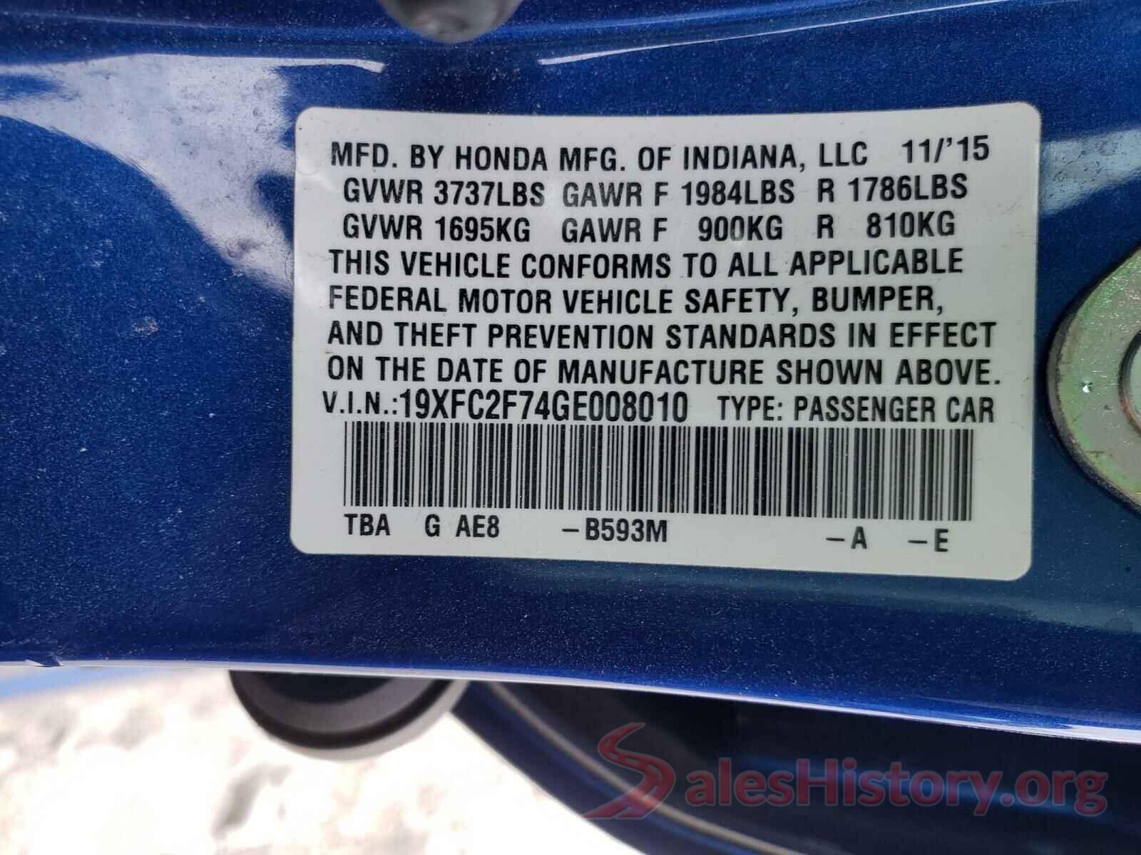 19XFC2F74GE008010 2016 HONDA CIVIC