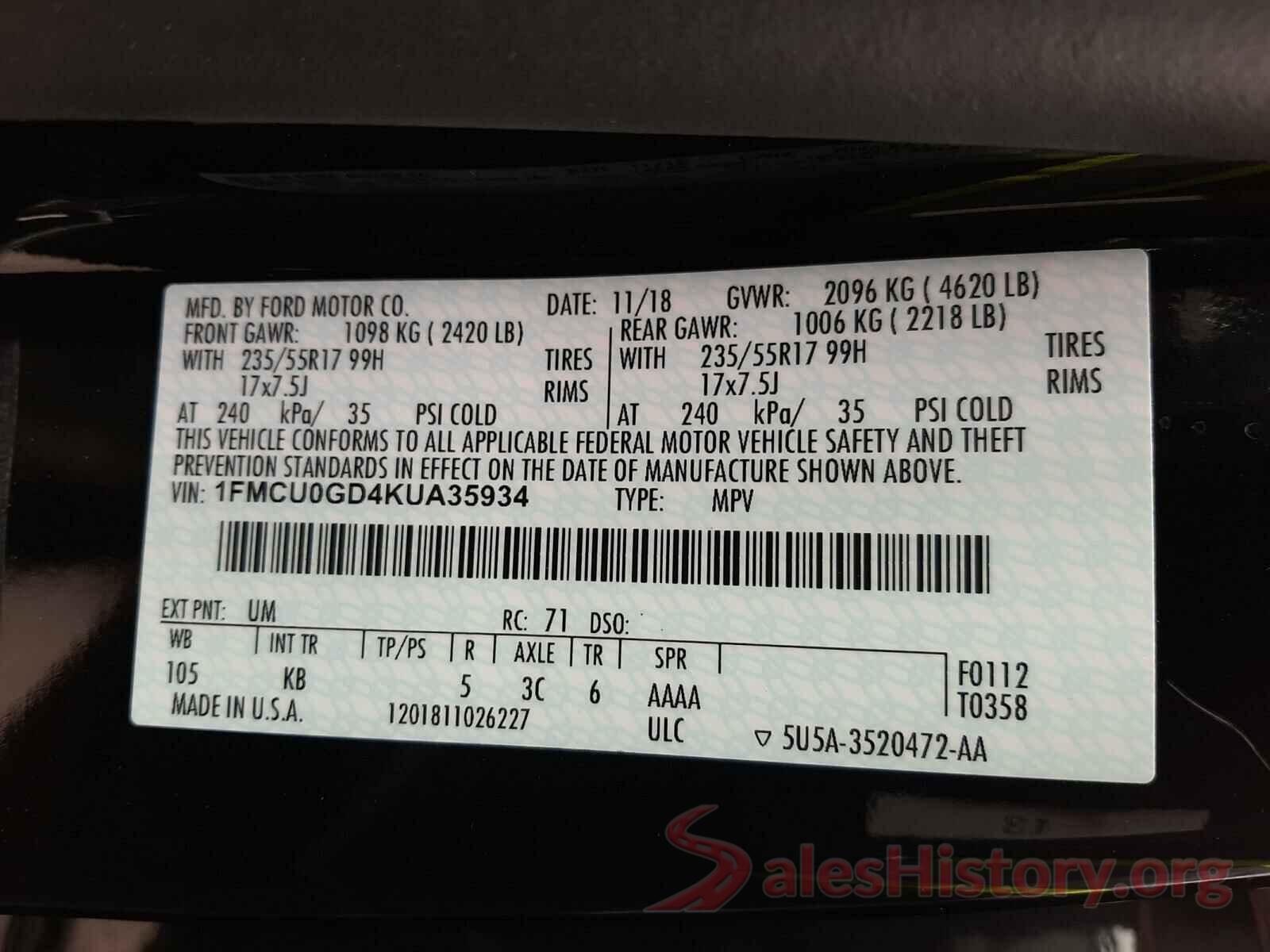 1FMCU0GD4KUA35934 2019 FORD ESCAPE