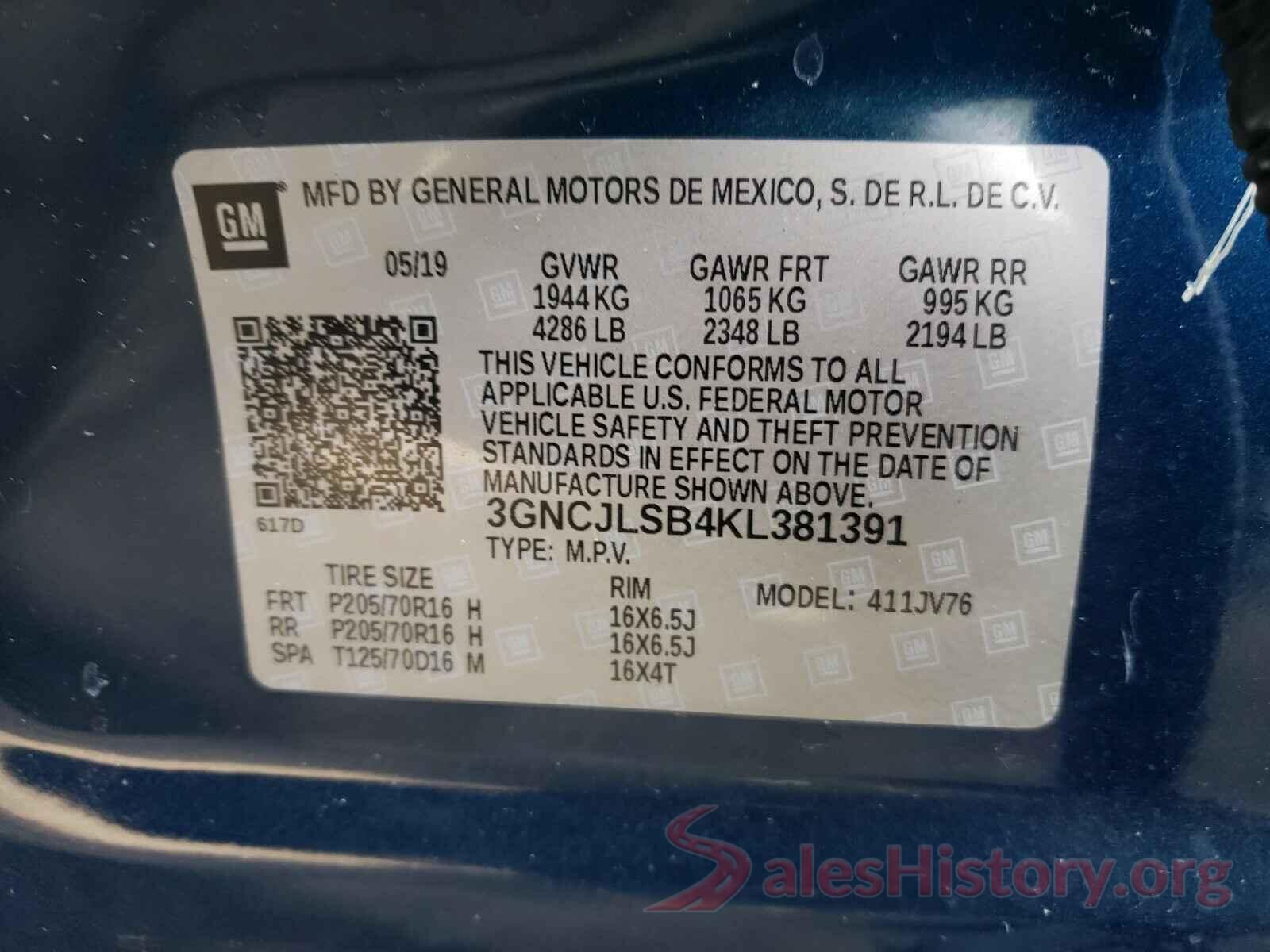 3GNCJLSB4KL381391 2019 CHEVROLET TRAX