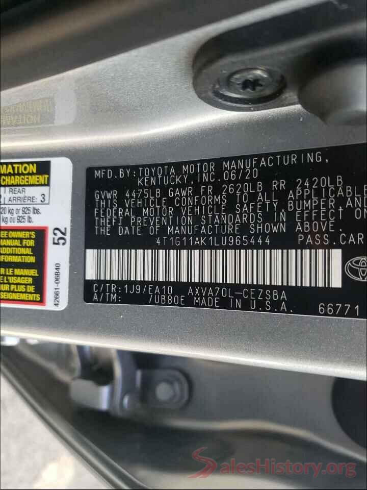 4T1G11AK1LU965444 2020 TOYOTA CAMRY