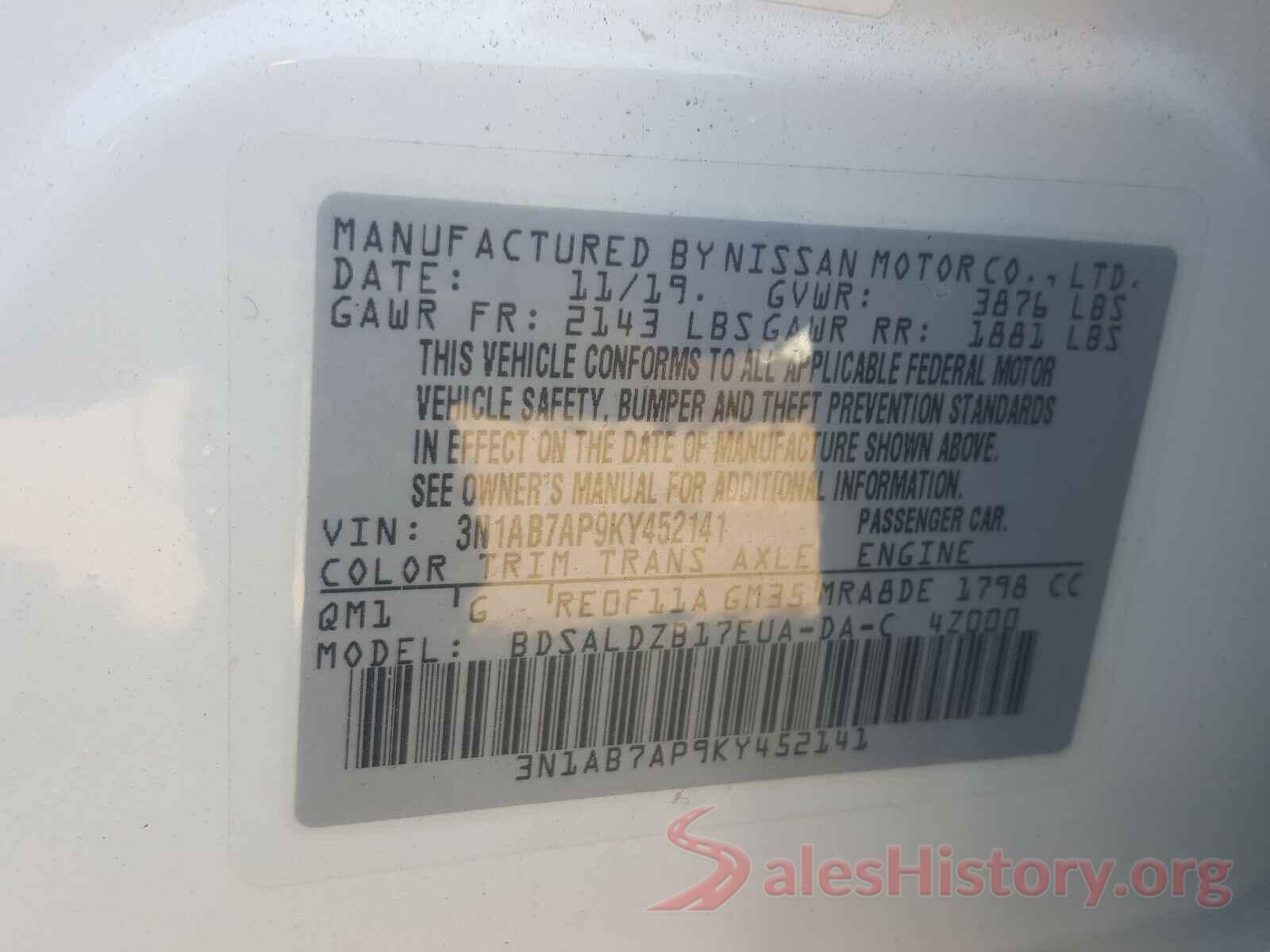 3N1AB7AP9KY452141 2019 NISSAN SENTRA