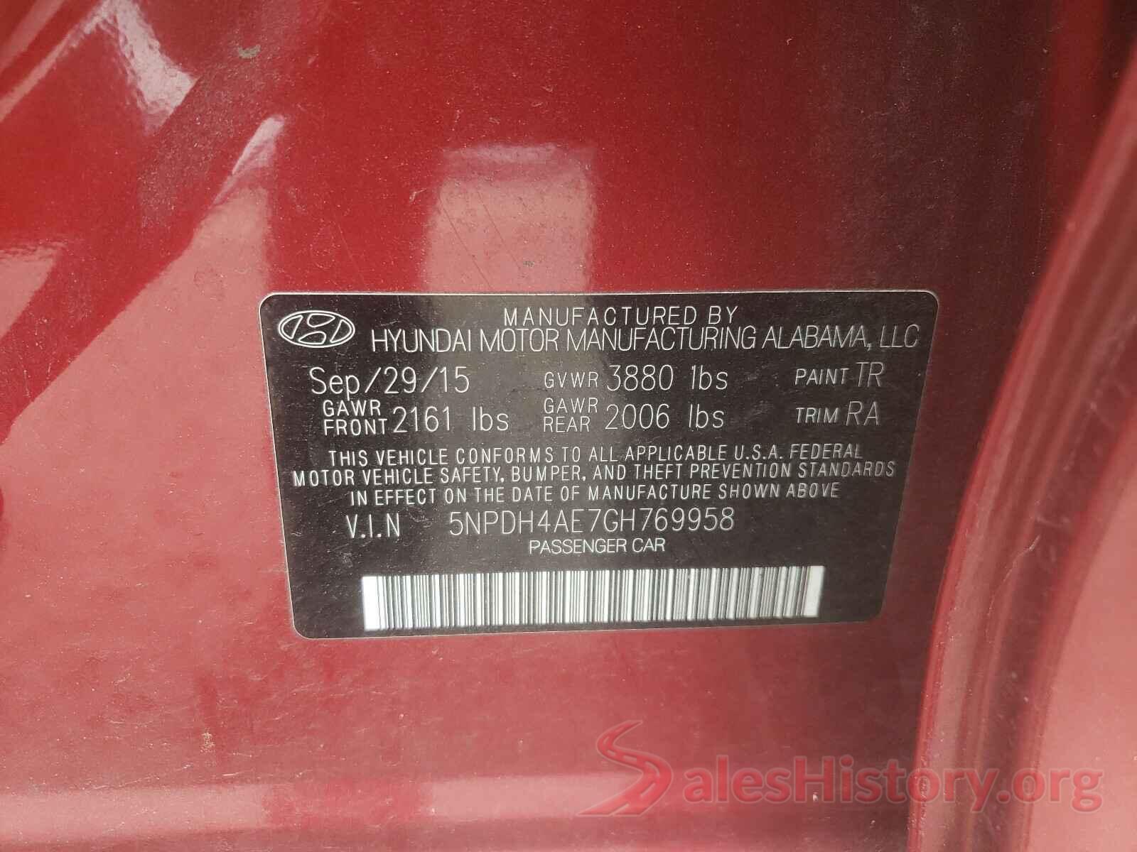 5NPDH4AE7GH769958 2016 HYUNDAI ELANTRA