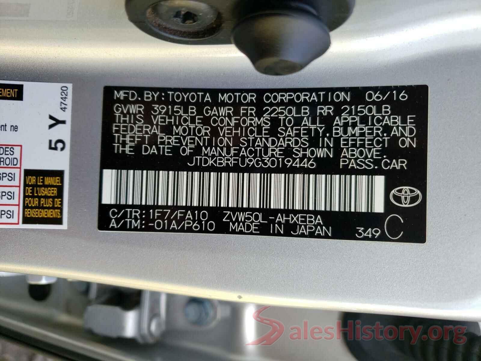 JTDKBRFU9G3019446 2016 TOYOTA PRIUS