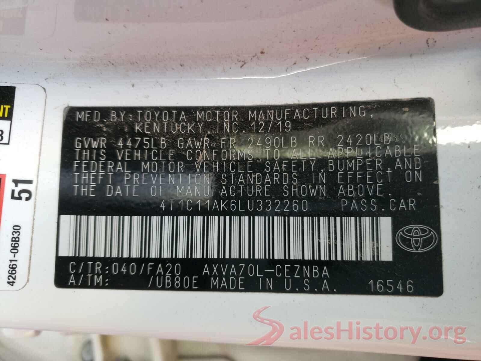 4T1C11AK6LU332260 2020 TOYOTA CAMRY