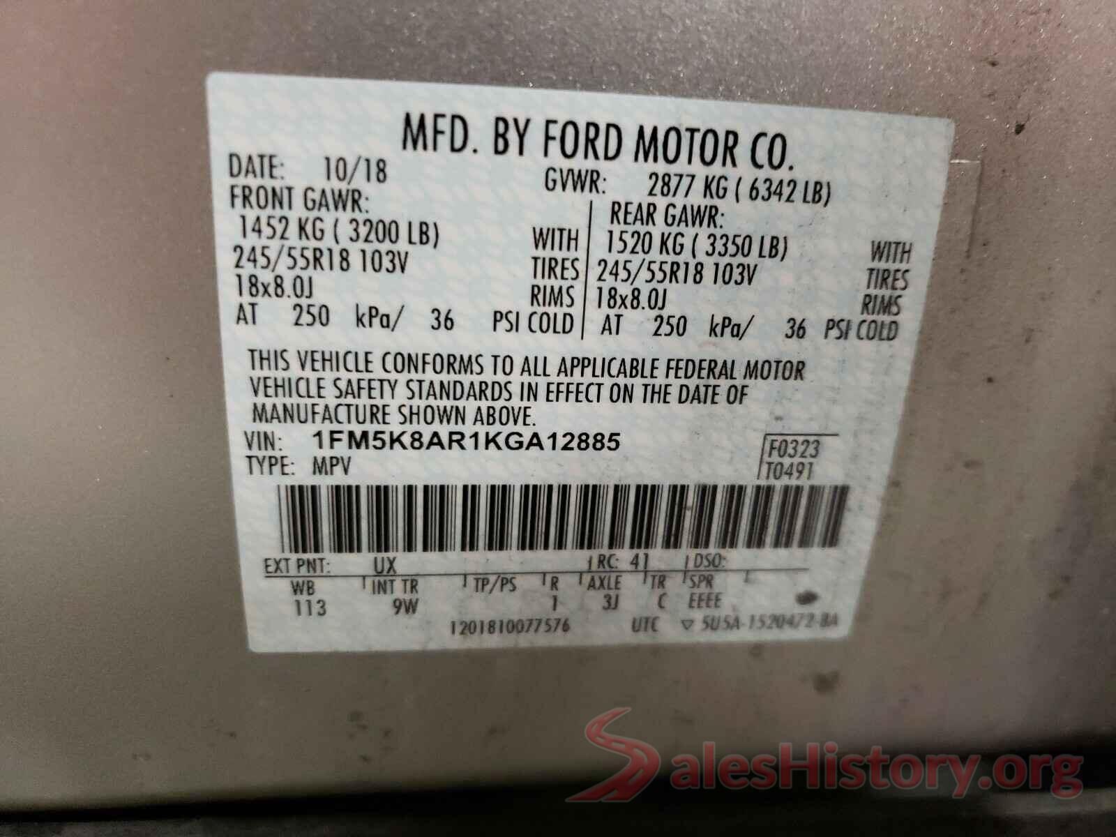 1FM5K8AR1KGA12885 2019 FORD EXPLORER