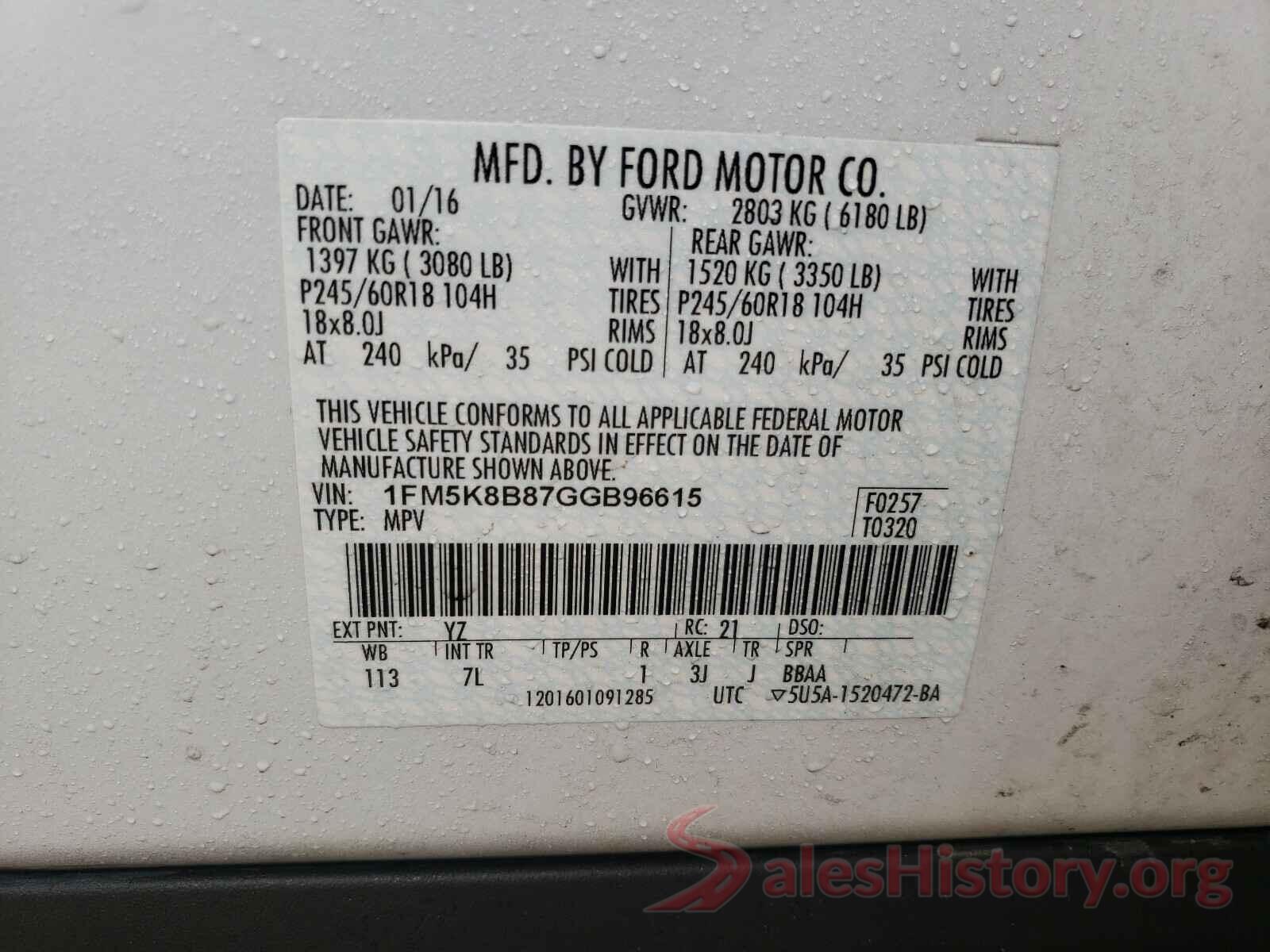 1FM5K8B87GGB96615 2016 FORD EXPLORER