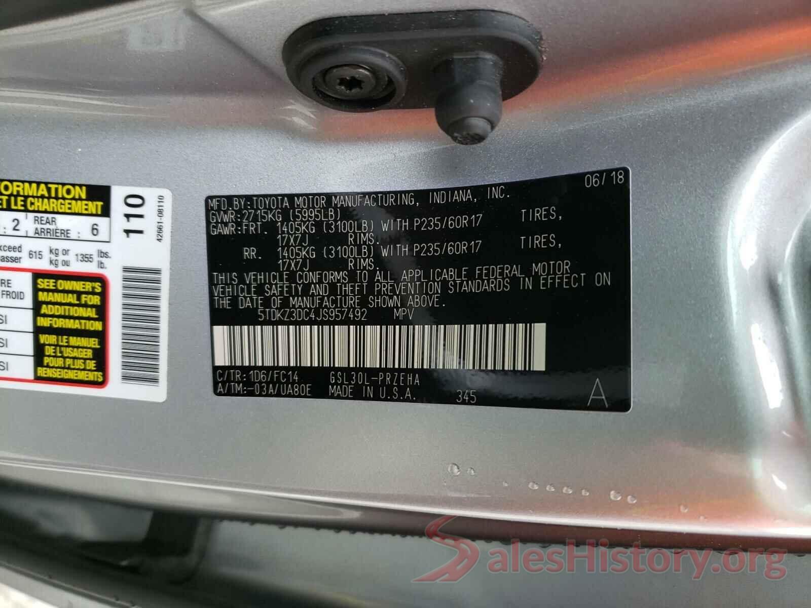 5TDKZ3DC4JS957492 2018 TOYOTA SIENNA