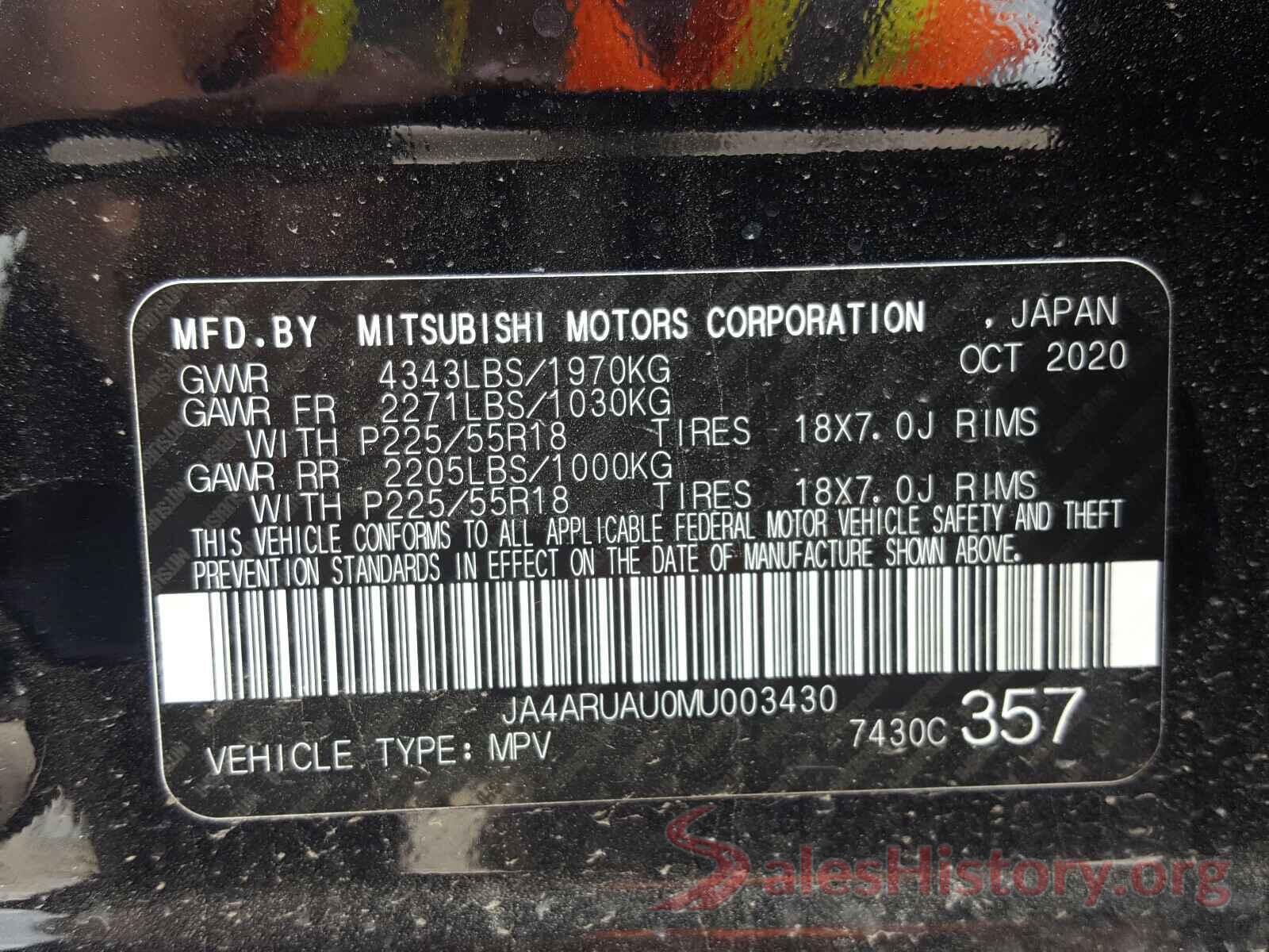 JA4ARUAU0MU003430 2021 MITSUBISHI OUTLANDER