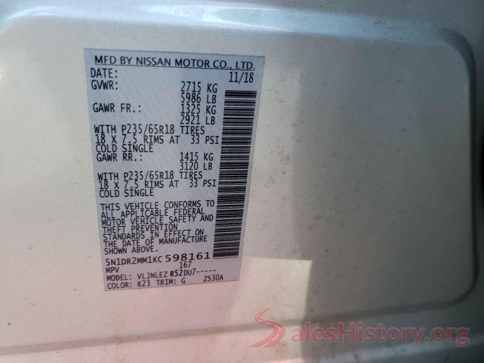 5N1DR2MM1KC598161 2019 NISSAN PATHFINDER