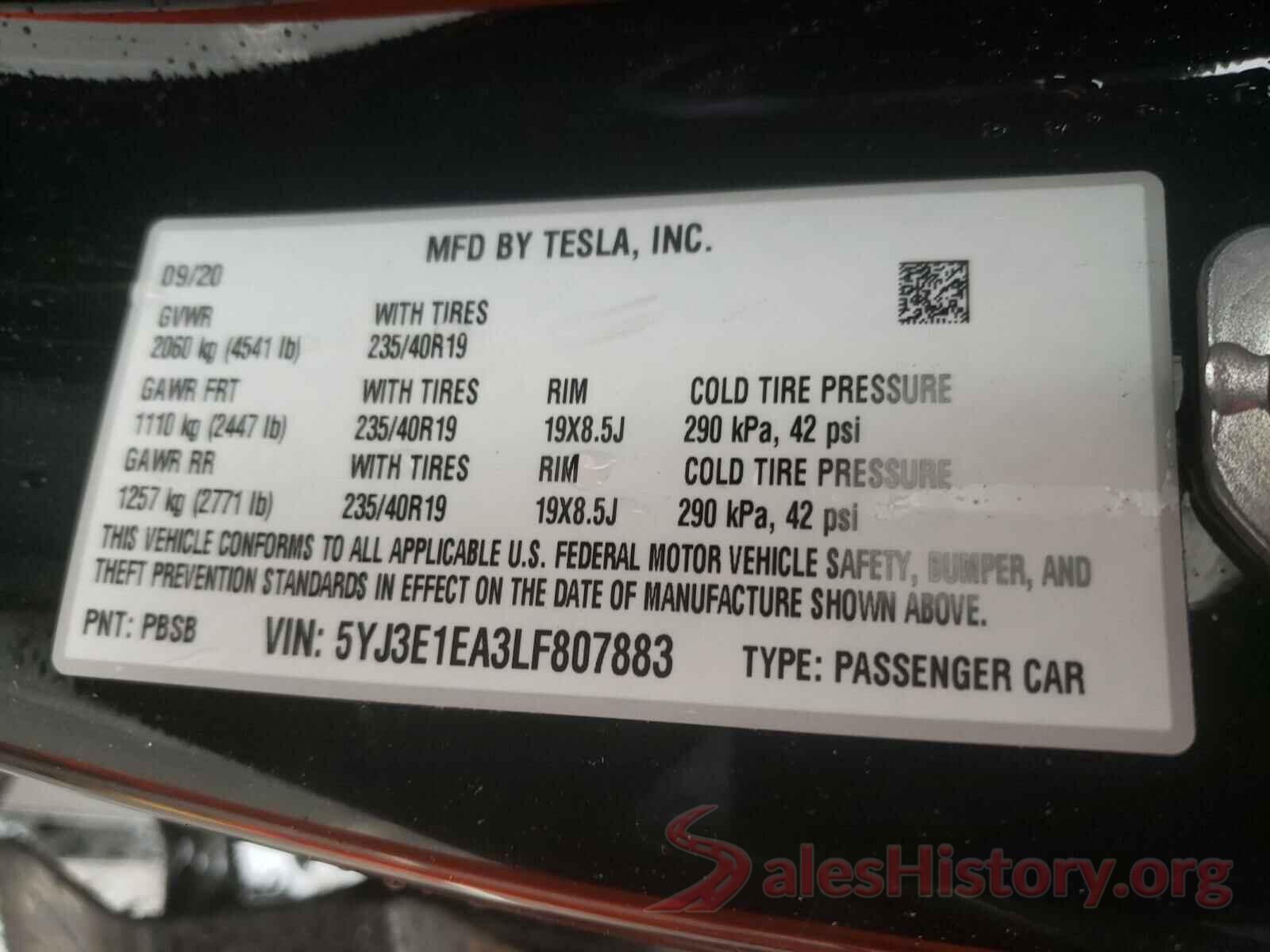 5YJ3E1EA3LF807883 2020 TESLA MODEL 3