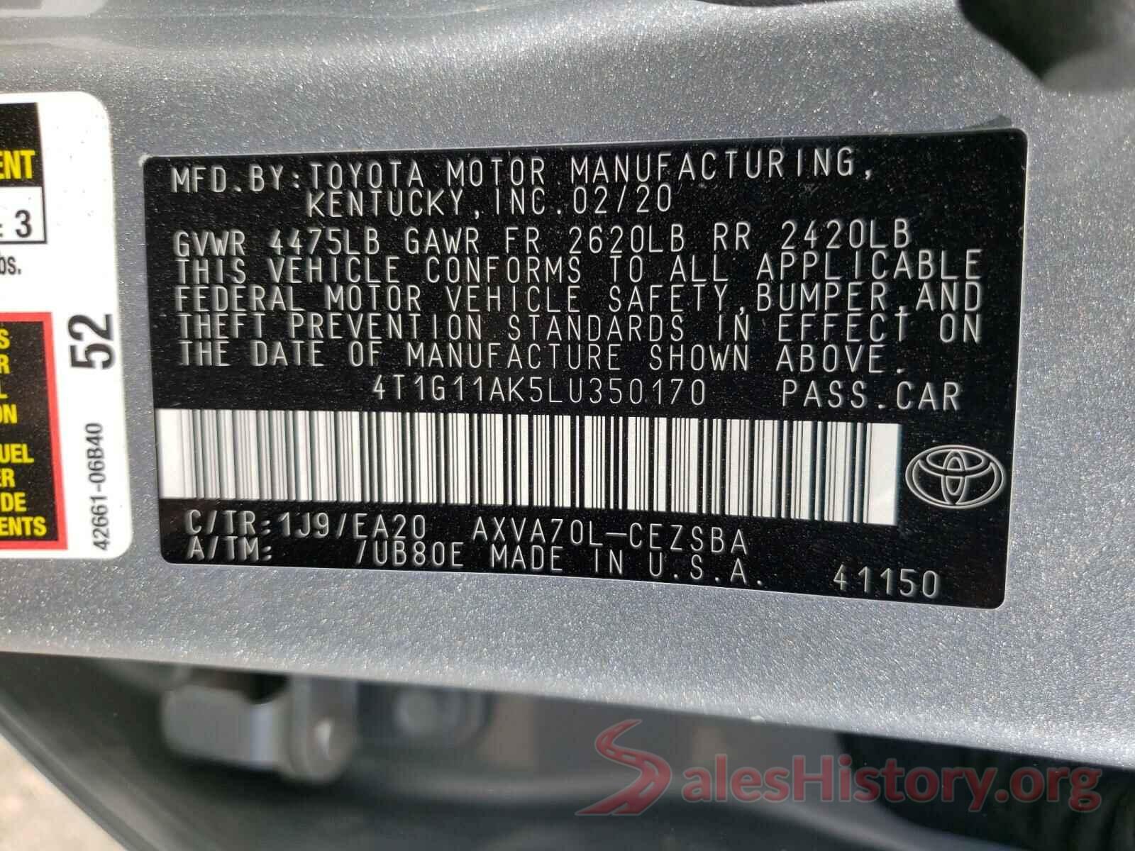 4T1G11AK5LU350170 2020 TOYOTA CAMRY