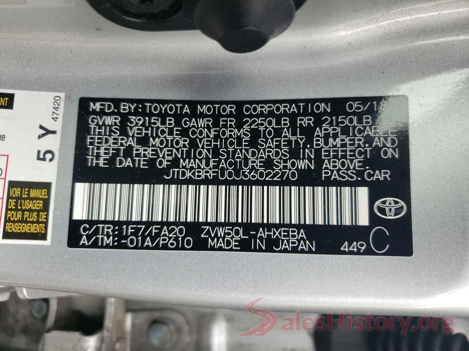 JTDKBRFU0J3602270 2018 TOYOTA PRIUS