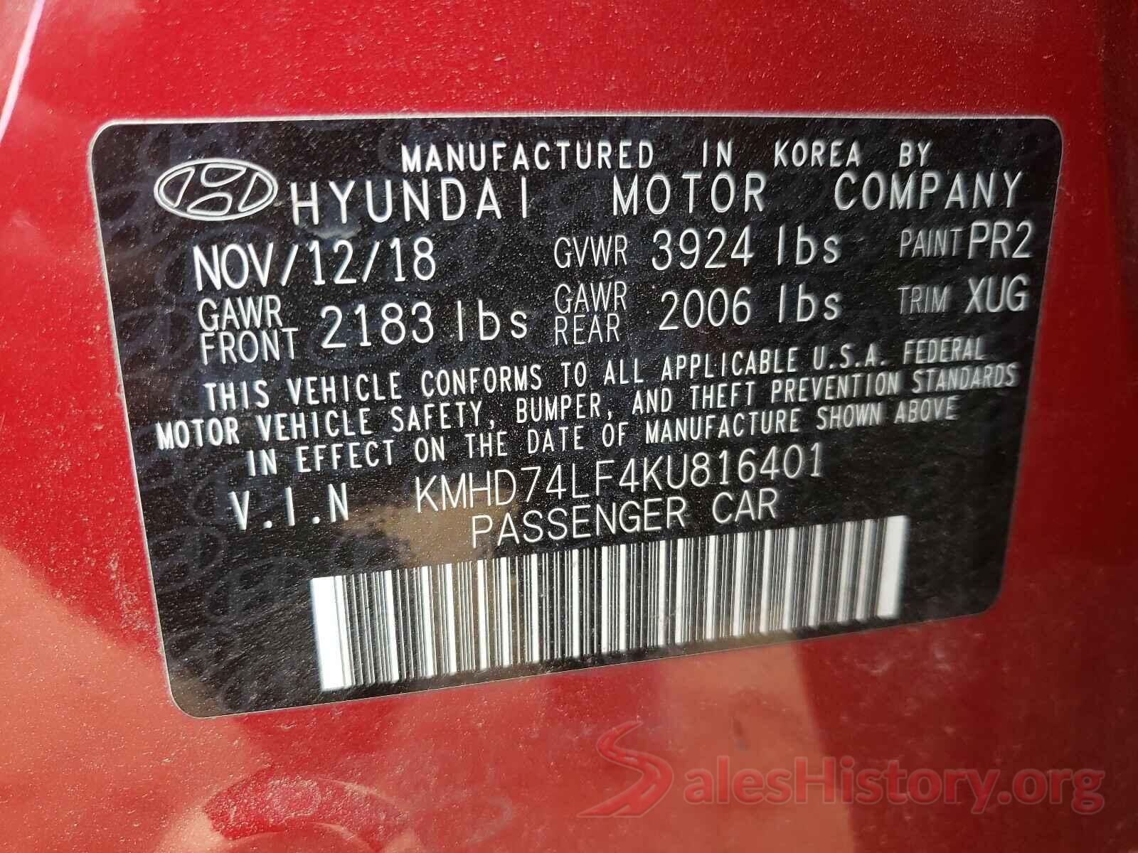 KMHD74LF4KU816401 2019 HYUNDAI ELANTRA