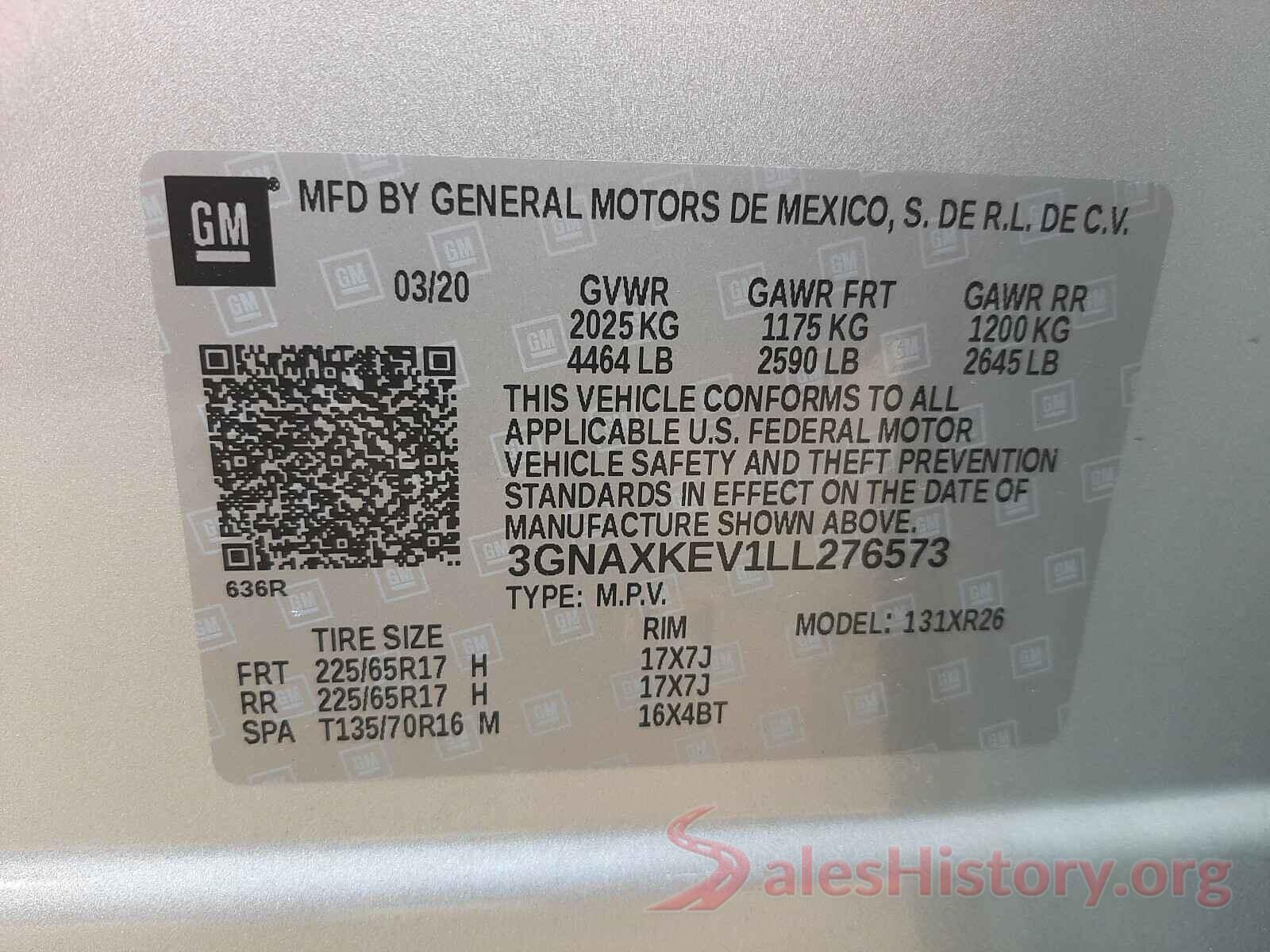 3GNAXKEV1LL276573 2020 CHEVROLET EQUINOX