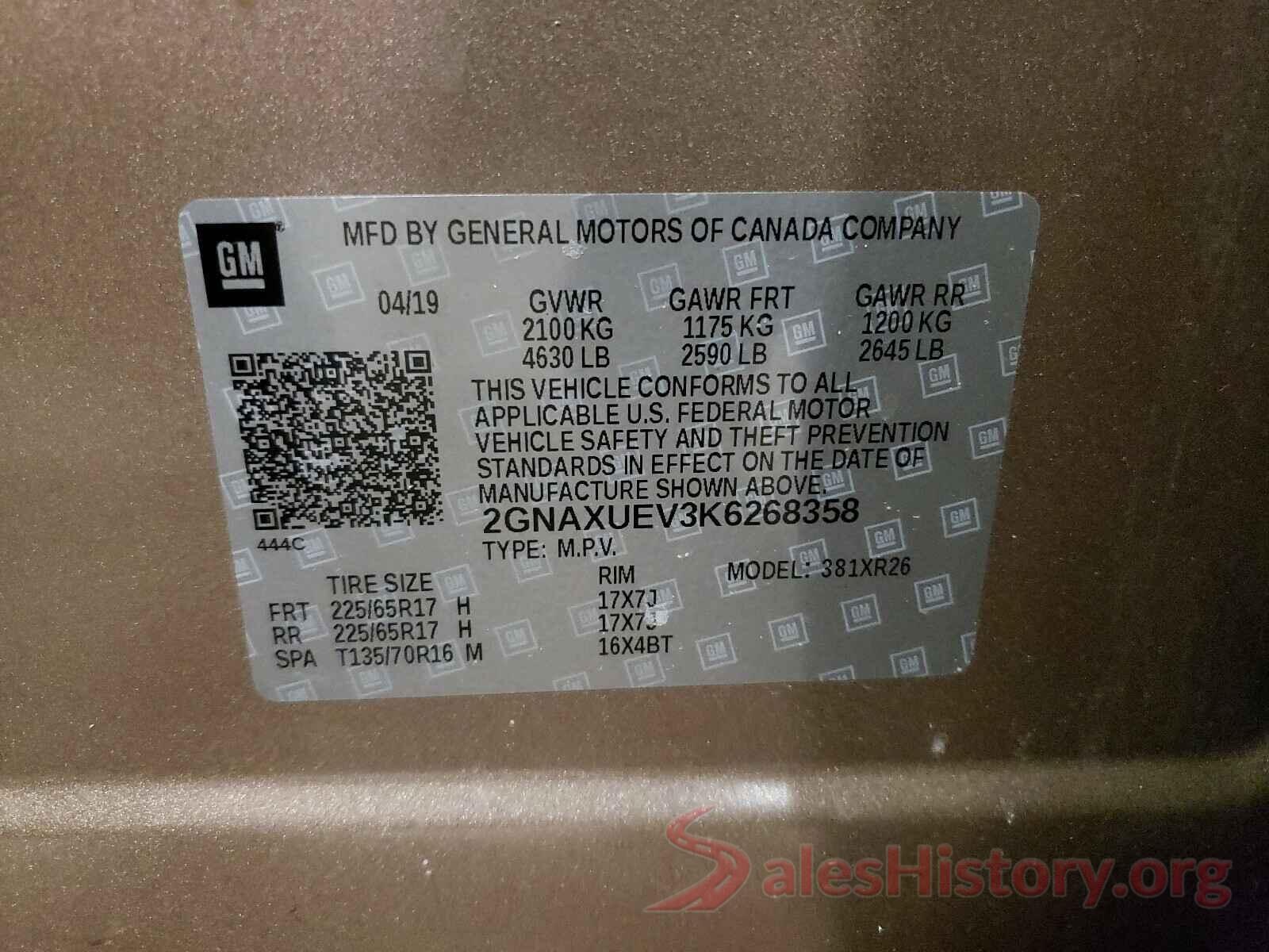 2GNAXUEV3K6268358 2019 CHEVROLET EQUINOX