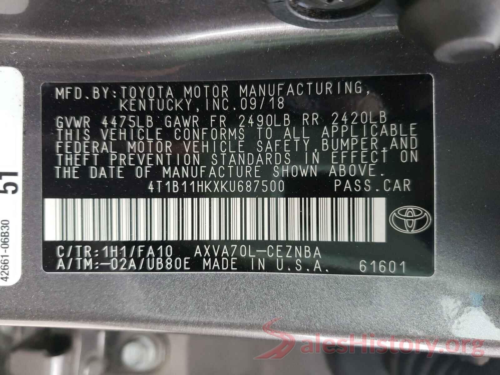 4T1B11HKXKU687500 2019 TOYOTA CAMRY