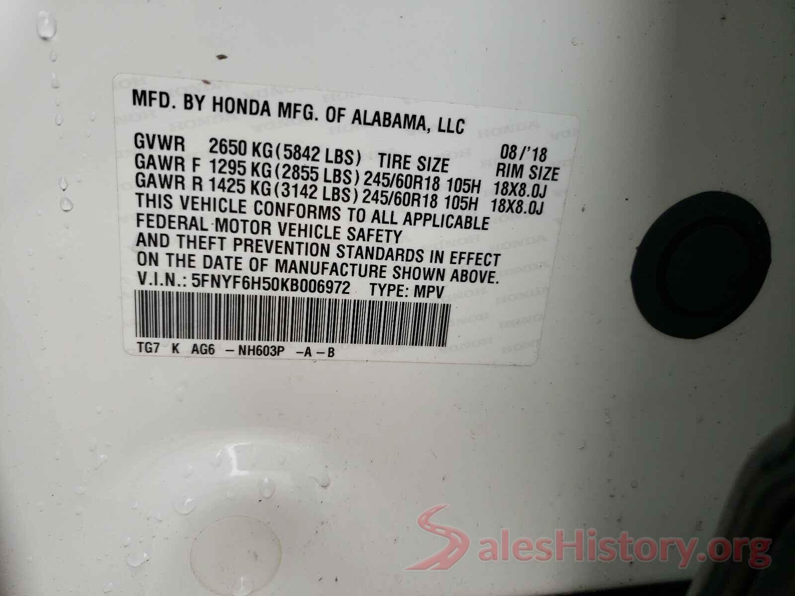 5FNYF6H50KB006972 2019 HONDA PILOT