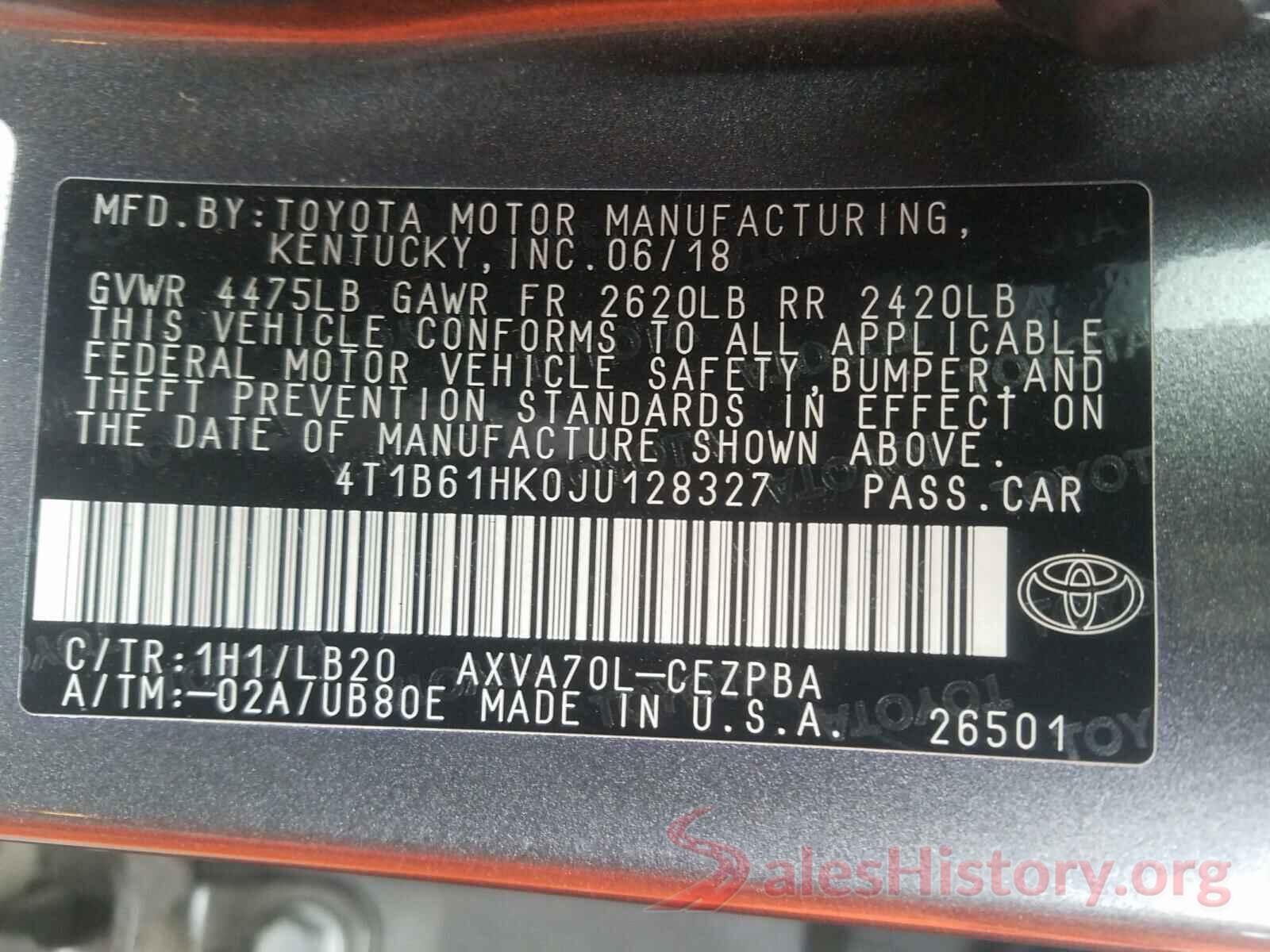 4T1B61HK0JU128327 2018 TOYOTA CAMRY