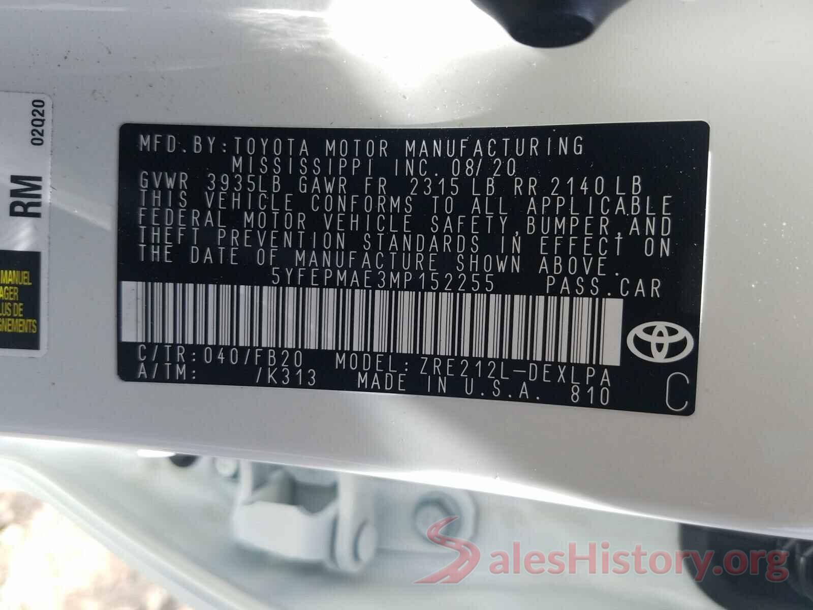 5YFEPMAE3MP152255 2021 TOYOTA COROLLA