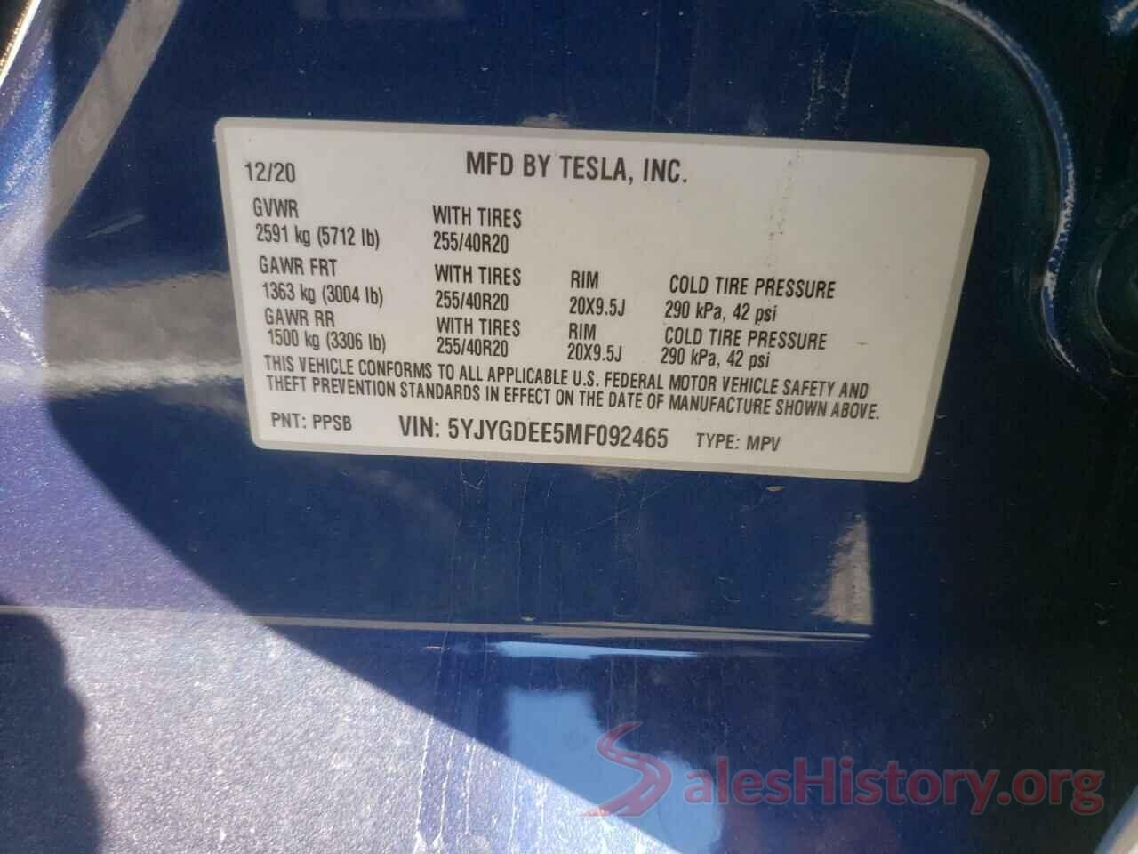 5YJYGDEE5MF092465 2021 TESLA MODEL Y