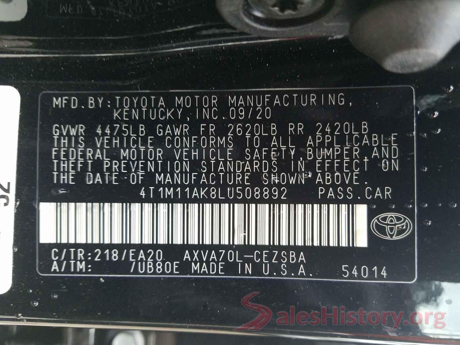 4T1M11AK8LU508892 2020 TOYOTA CAMRY