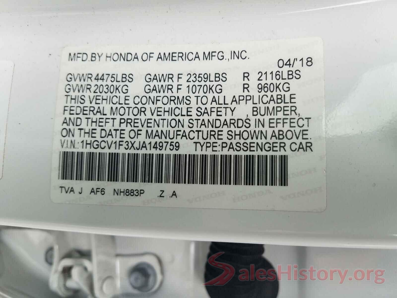 1HGCV1F3XJA149759 2018 HONDA ACCORD