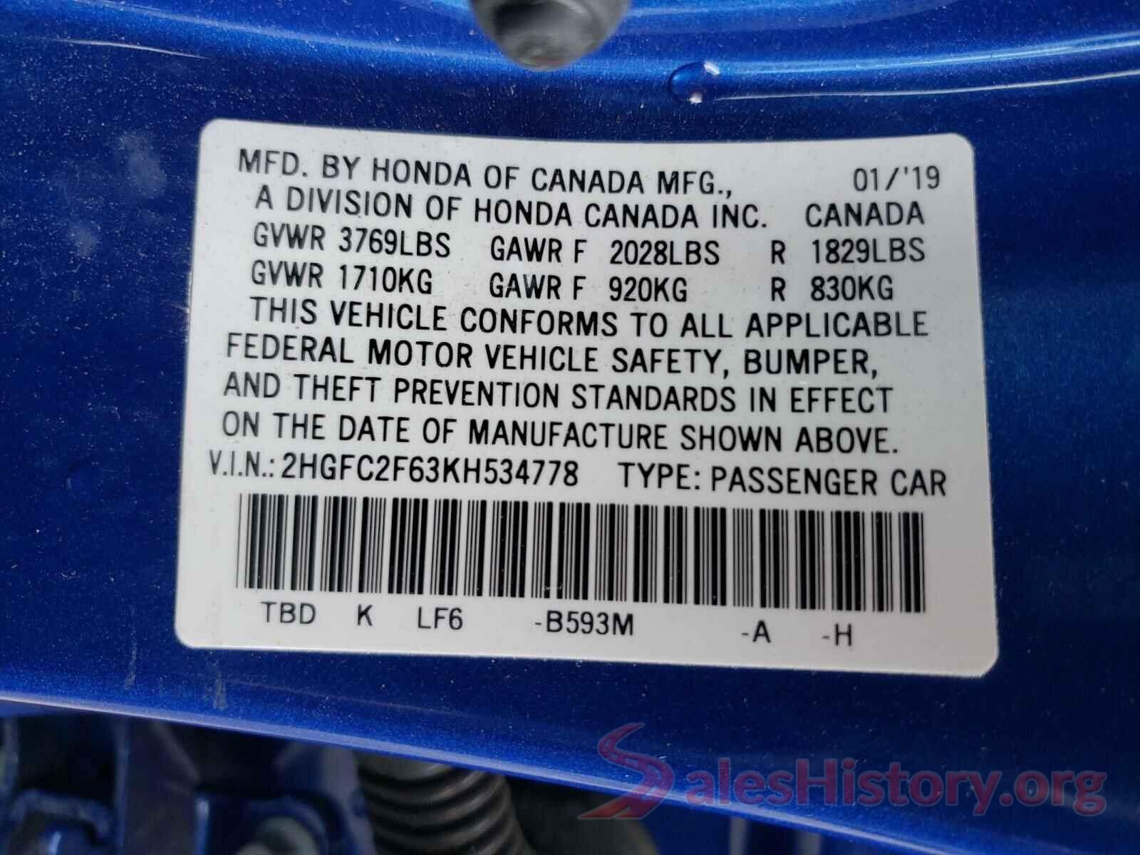 2HGFC2F63KH534778 2019 HONDA CIVIC