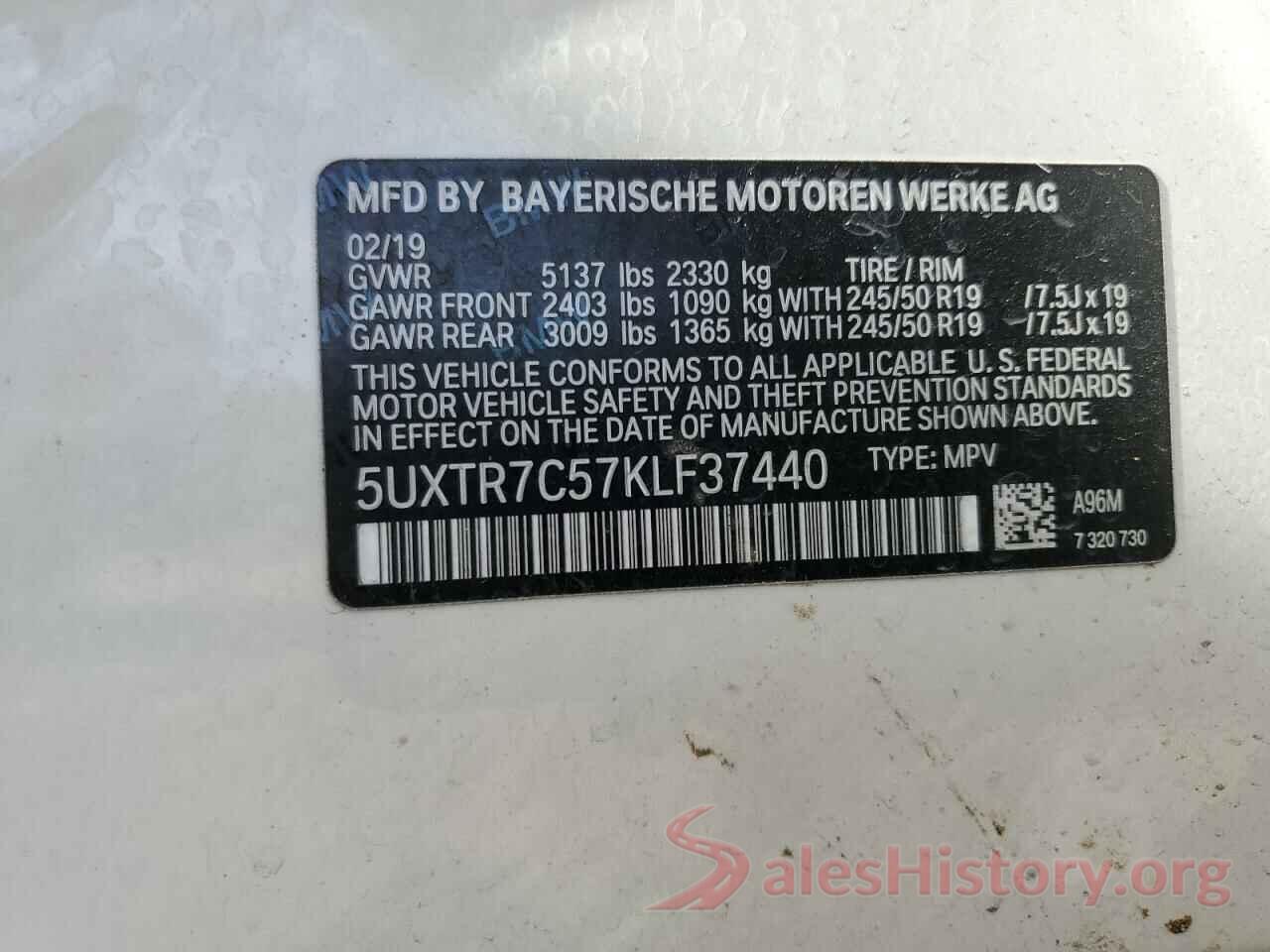 5UXTR7C57KLF37440 2019 BMW X3