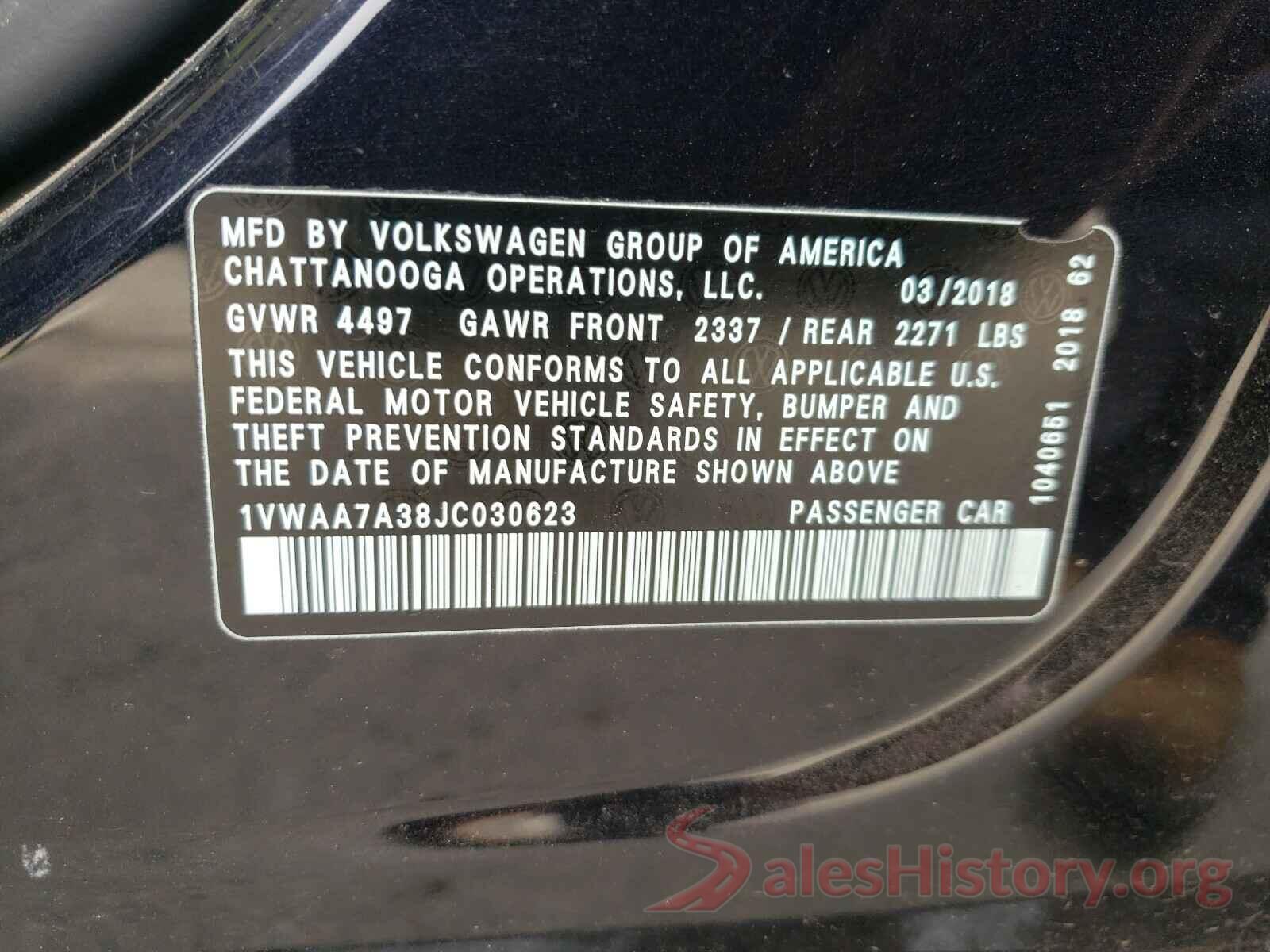 1VWAA7A38JC030623 2018 VOLKSWAGEN PASSAT