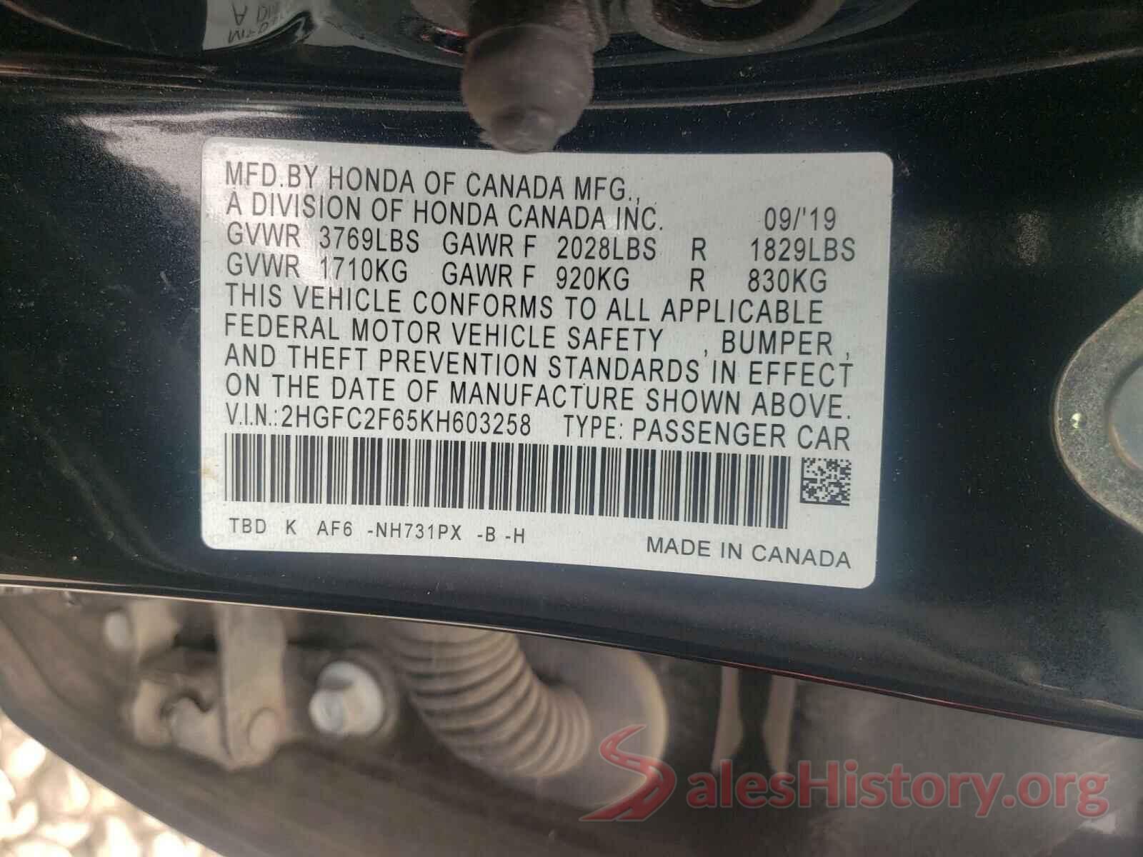 2HGFC2F65KH603258 2019 HONDA CIVIC