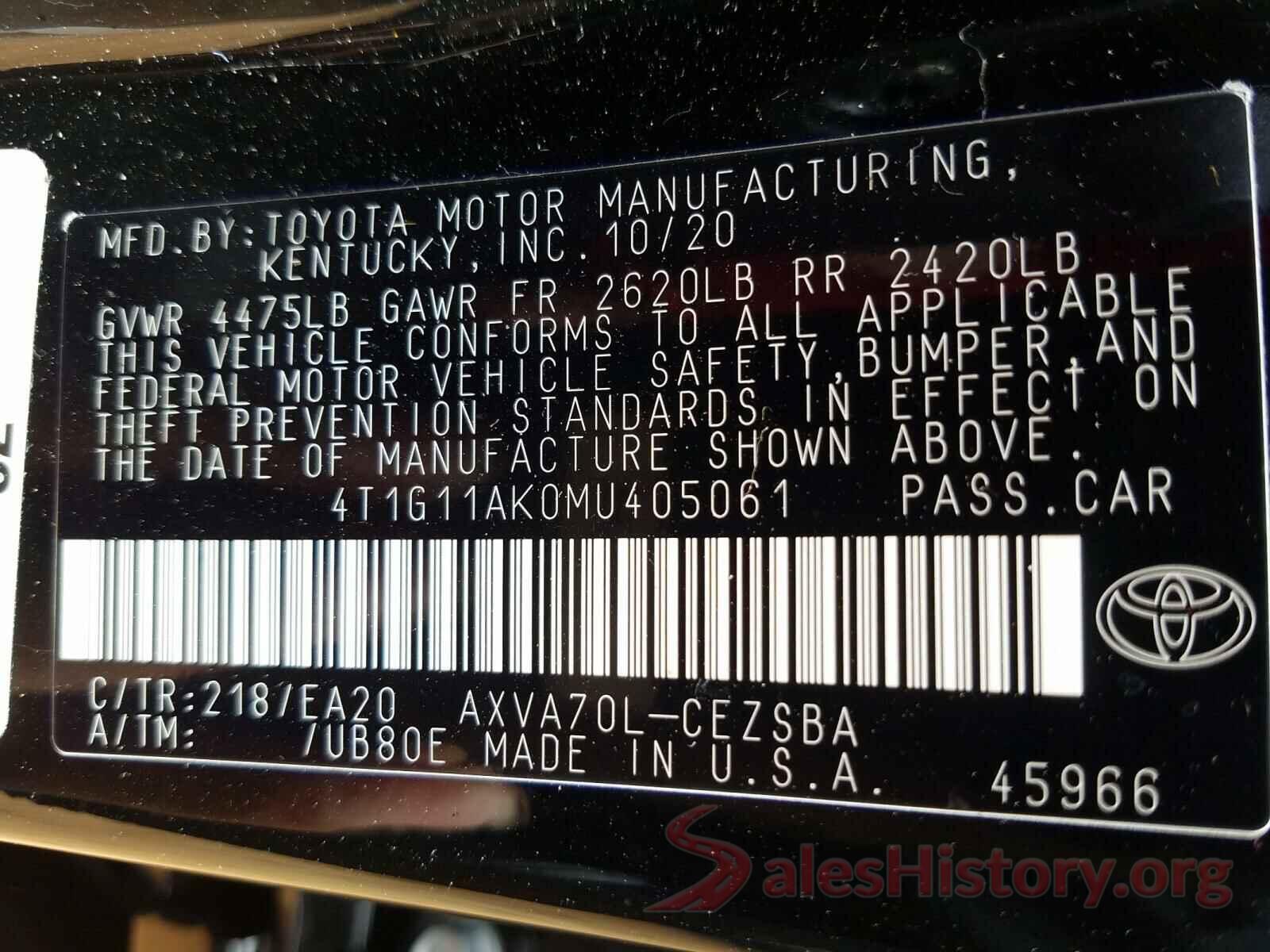 4T1G11AK0MU405061 2021 TOYOTA CAMRY