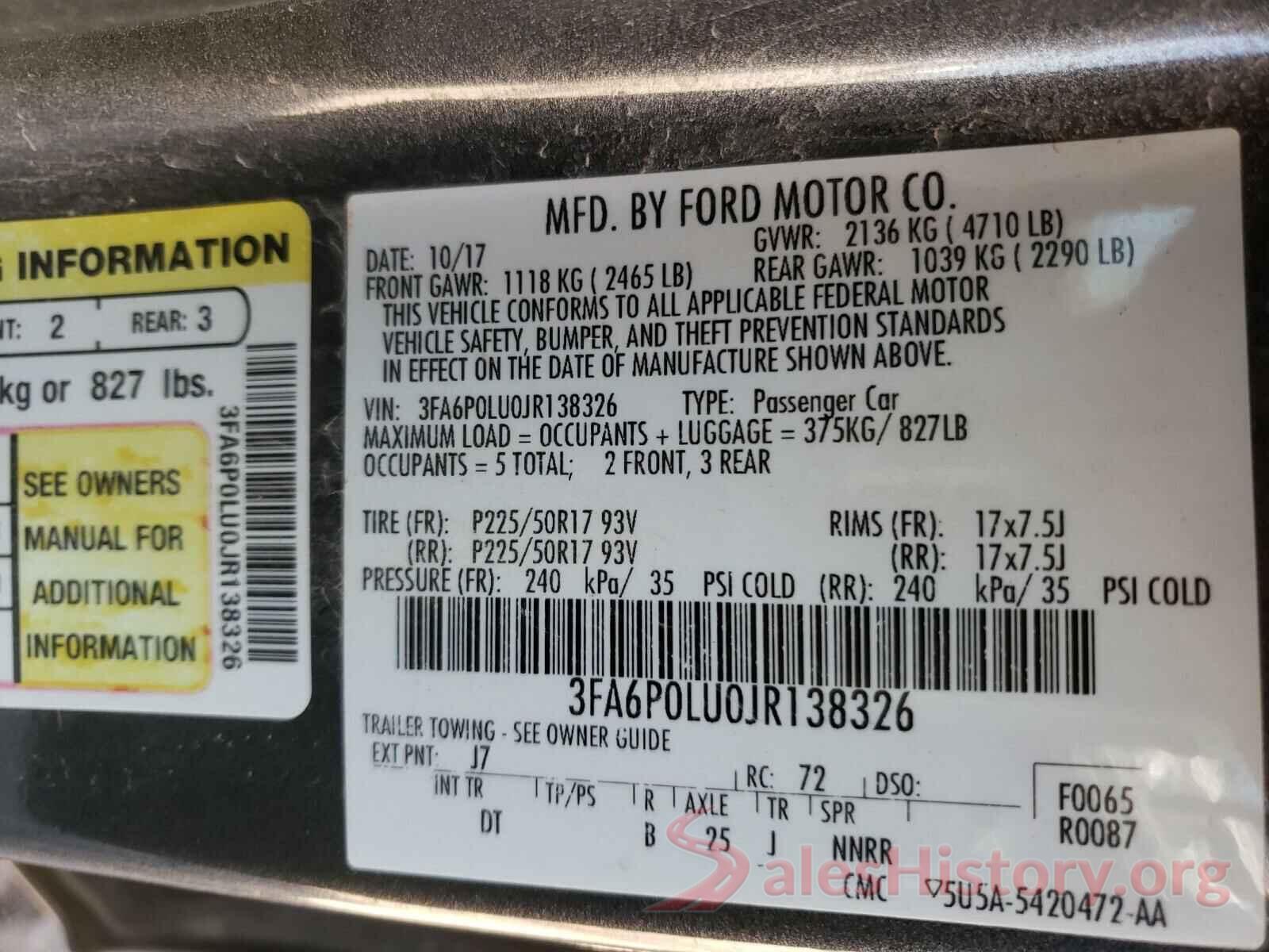 3FA6P0LU0JR138326 2018 FORD FUSION