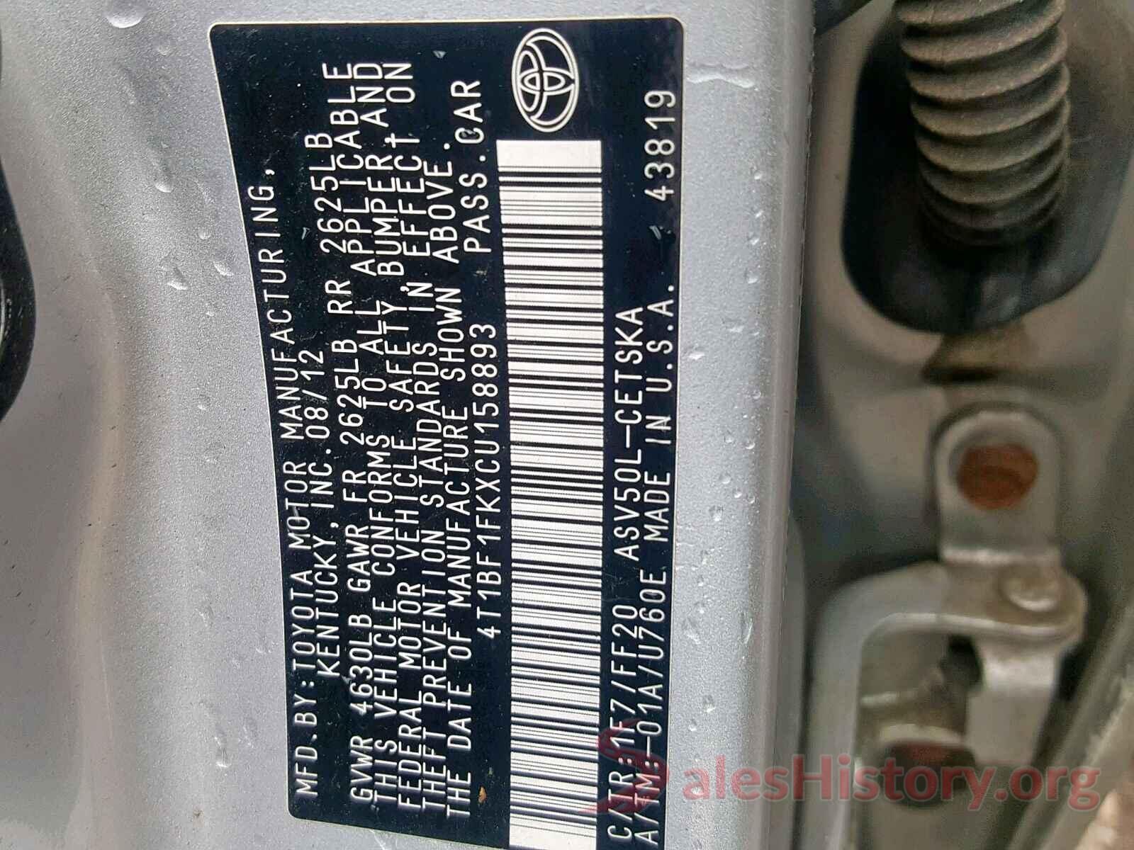 4T1BF1FKXCU158893 2012 TOYOTA CAMRY BASE