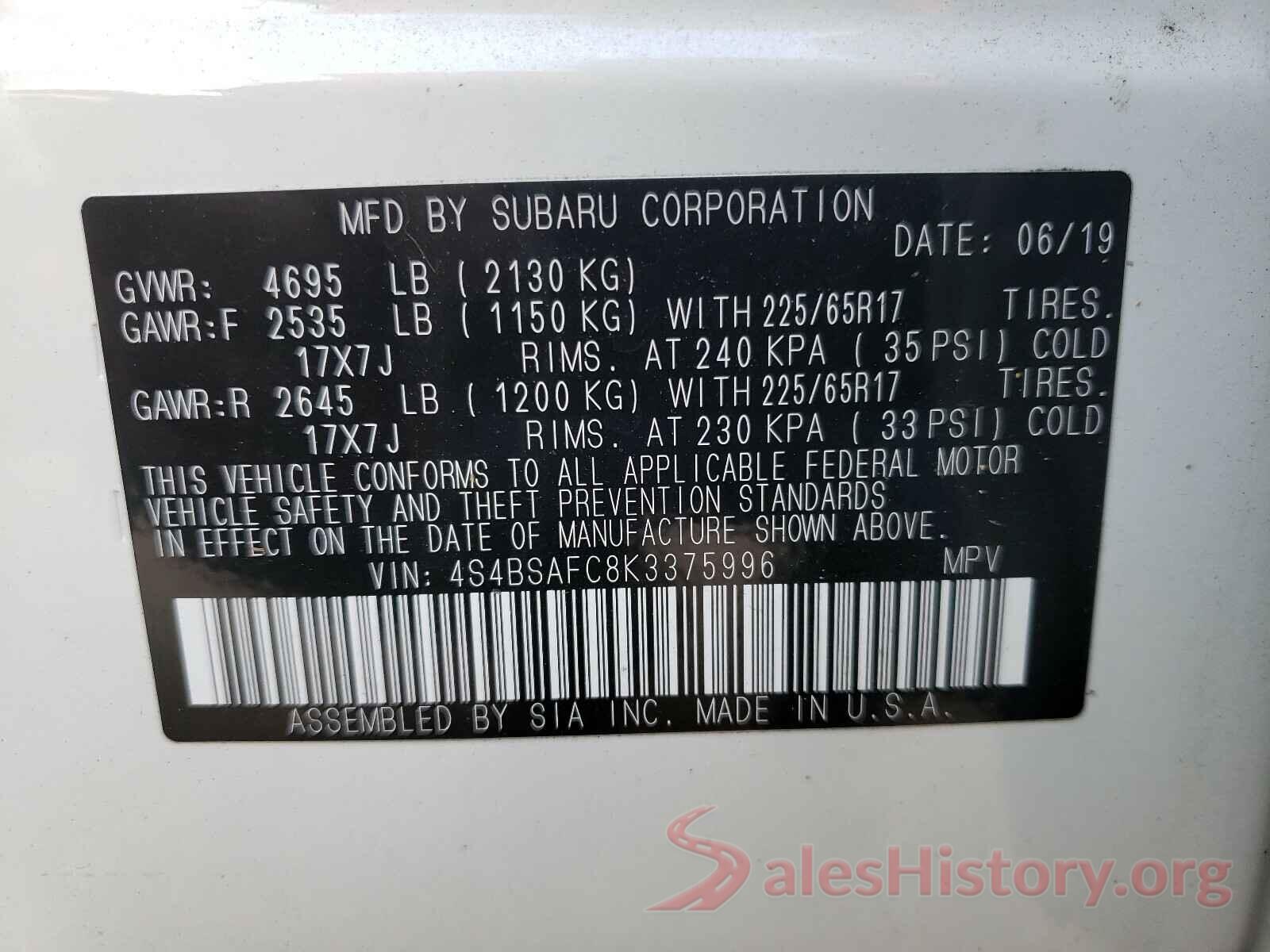 4S4BSAFC8K3375996 2019 SUBARU OUTBACK