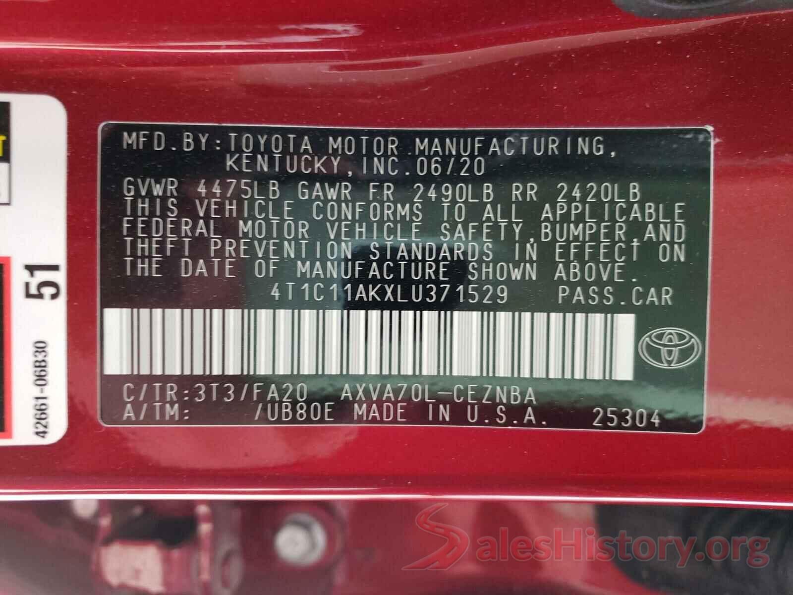 4T1C11AKXLU371529 2020 TOYOTA CAMRY